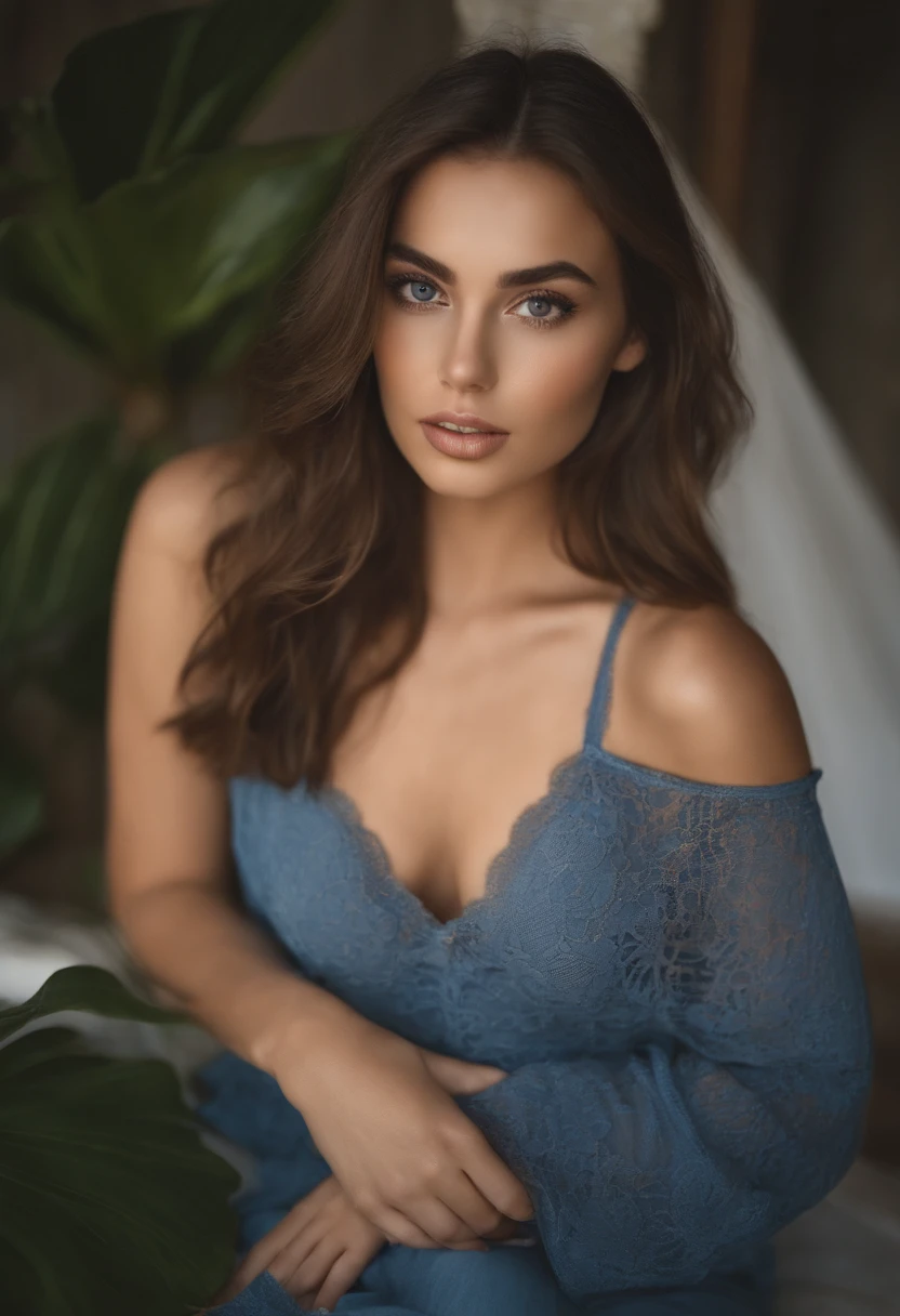 Best photoshoot style ,arafed woman with matching tank top and panties, sexy girl with blue eyes, portrait sophie mudd, brown hair and large eyes, photoshoot of a young woman, photoshoot eyes, violet myers, without makeup, natural makeup, looking directly at the camera, face with artgram, subtle makeup, stunning full body shot, cleavage,Vogue style magazine cover,indoor shoot , photoshoot, photography, Photoshoot style background,add background from magazine covers