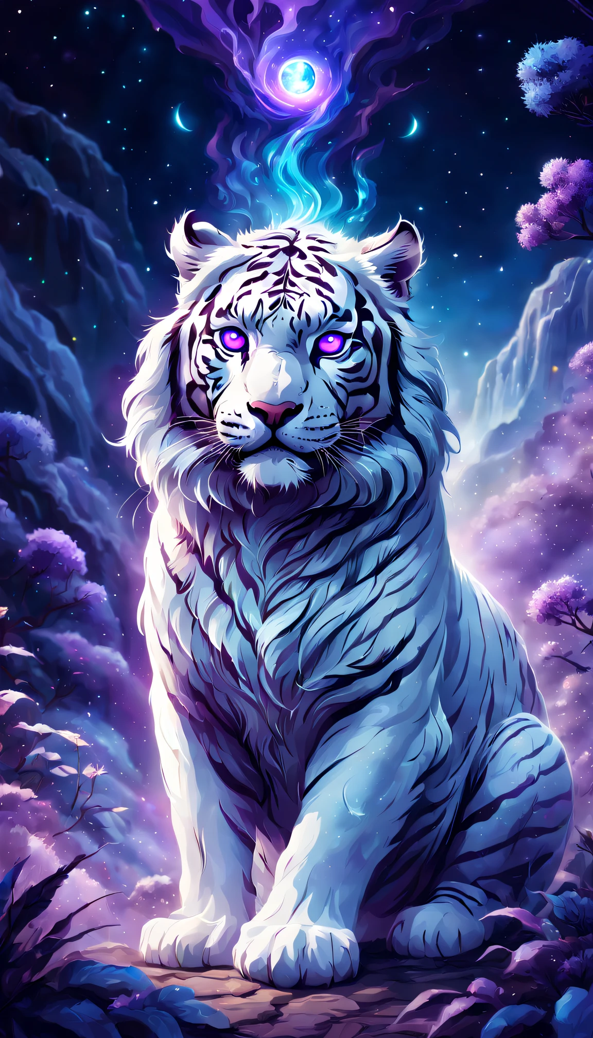 weird digital art, Strange white tiger, spectrum, Playful, number art, midnight mist, glowing phantom eye, super adorable, Translucent flowy fur, Luminous fur silk, Starcloud, Shiny colors, purple and blue colored, The content is very detailed, beautiful light up, Ethereal, mistic, 8K, vibrant with colors, nice backlight