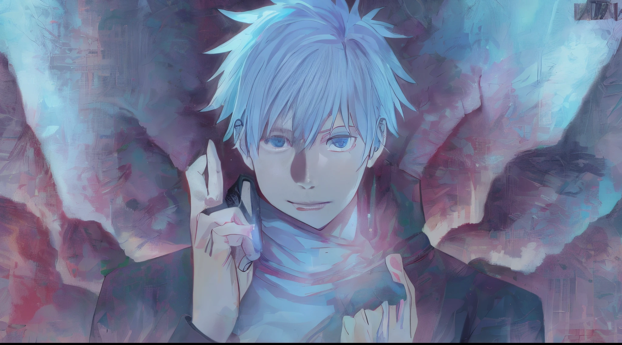 Close-up of a man holding a mobile phone near a fire, Komaeda Nagito, Jiu Jitsu Kaiba, male anime characters, Primary animation visuals, About Menggangde animation, Kaneki Lab, Hajime Yatate, Today’s recommended anime is still, Kaneki Lab, Tall anime character with blue eyes