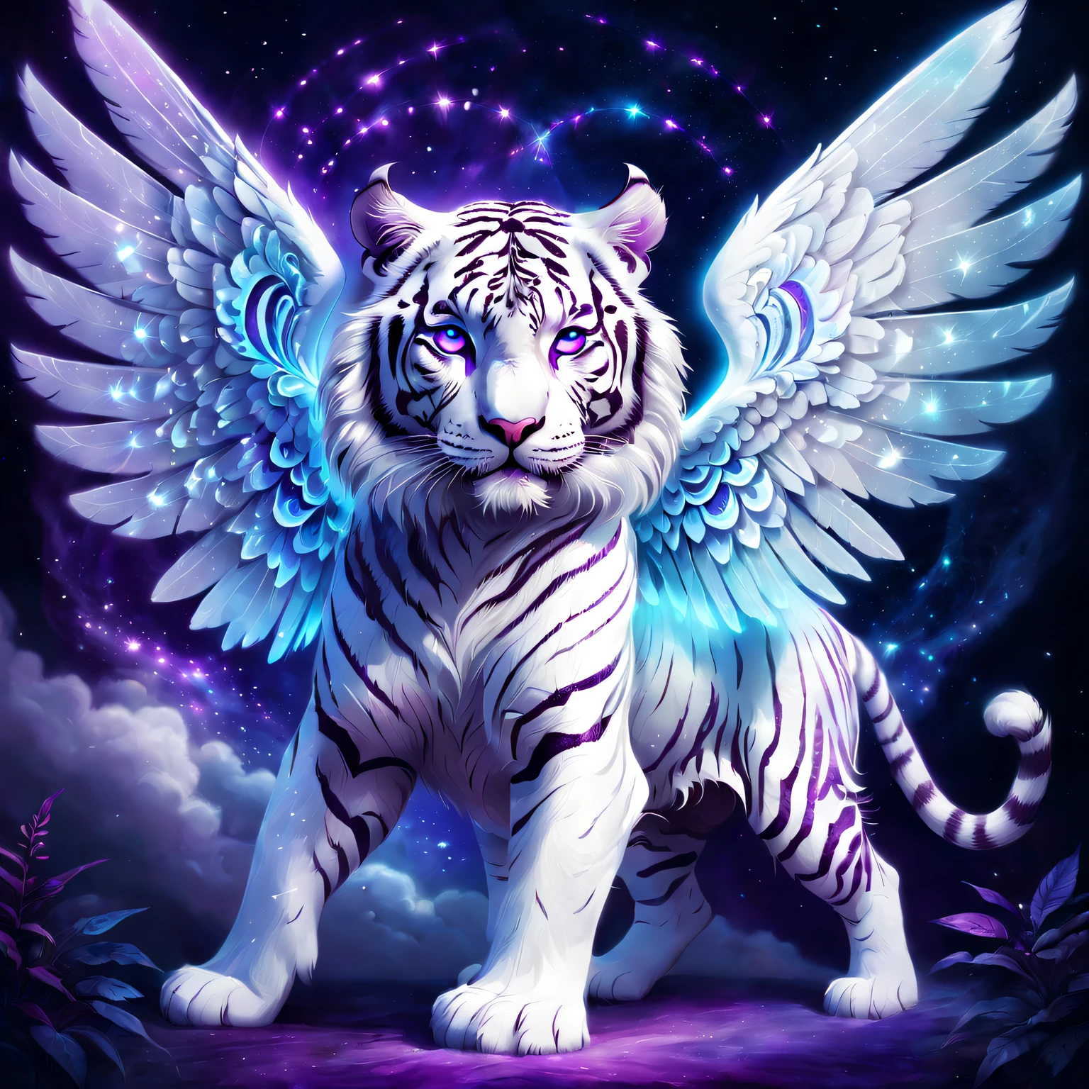 weird digital art, Strange white tiger, spectrum, Playful, number art, midnight mist, Symmetrical wings,glowing phantom eye, super adorable, Translucent flowy fur, Luminous fur silk, Starcloud, Shiny colors, purple and blue colored, The content is very detailed, beautiful light up, Ethereal, mistic, 8K, vibrant with colors, nice backlight