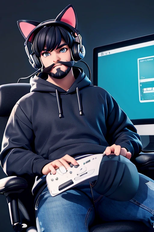 cat ears instead of regular ears, 30 years old, sitting in a gaming chair, male, wearing blue long jeans and a black hoodie, really thick beard, black short hair, computer screens in the background, gaming headset, super detail