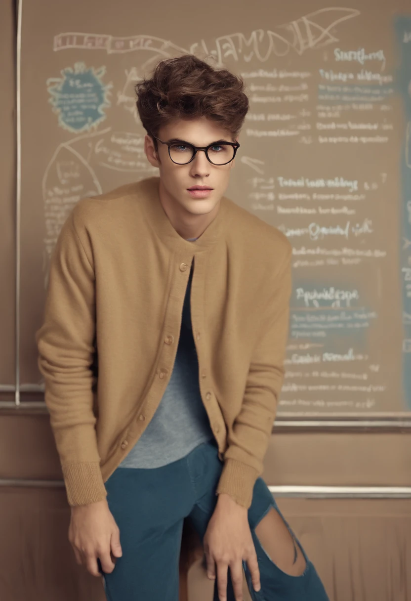 A photo of a character standing in front of a chalkboard covered in hilarious jokes written in colorful chalk.,original,[{{((Hair: light brown + short + messy))
((Eyes: large + blue + piercing + doe eyes))
((Facial features: long sharp face + sharp jawline + straight nose + pointed chin + thin lips + pale))
((Build: tall + slender + lean + lithe + strong + large hands))
((Appearance: glasses + sweaters + neat + put together))}}], male