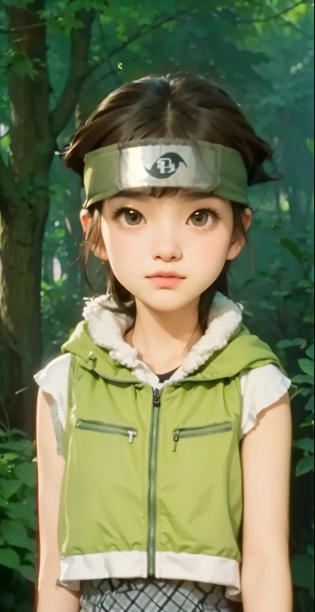 Real life adaption of this character,tomboy face , realistic same hair , (realistic same jacket outfit),,realistic background , realistic light, realistic shadow, realism, hyper realistic,(photorealistic:1.2), normal small eyes,wear realistic same headband