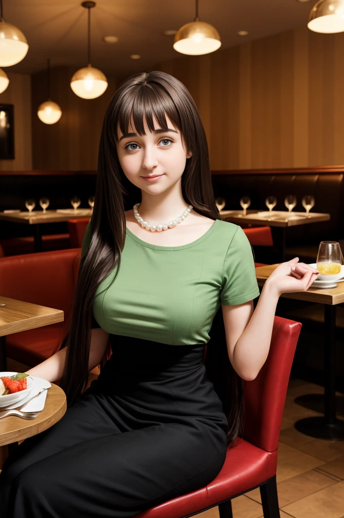 18 years old, young Russian girl, Milana Vayntrub, thin, slim, (tall:1.3), (very long hair:1.3), restaurant, seated at table, pale green scoop neck blouse, thin pearl necklace, 8k uhd, 1 girl, (massive enormous gigantic colossal breasts:1.05)