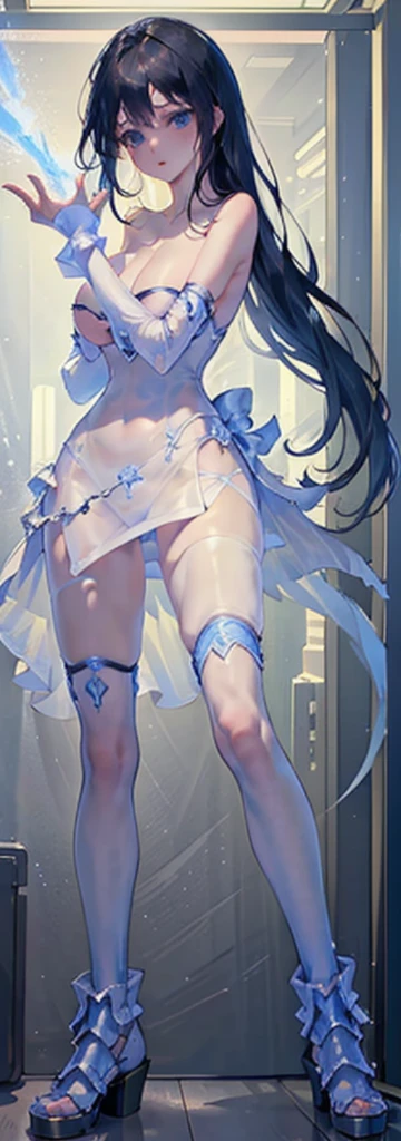 ((Above the shoulder，facial closeups))， Bigboobs， foreshortening, foreshortening, 8K, super detailing，All women have big breasts,Endless realism, cellshading, 8K, super detailing, 1080p, Women's HD，femele, 16k, A high resolution, Best quality, high high quality, Anatomically correct, tmasterpiece,  hyper HD，unreal-engine，Standing Picture, angle of view,battle armor，ssee-through，Lace skirt，Long blue hair，eBlue eyes，Sexy big breasts，Transparent tulle clothes，Nice face，Normal fingers