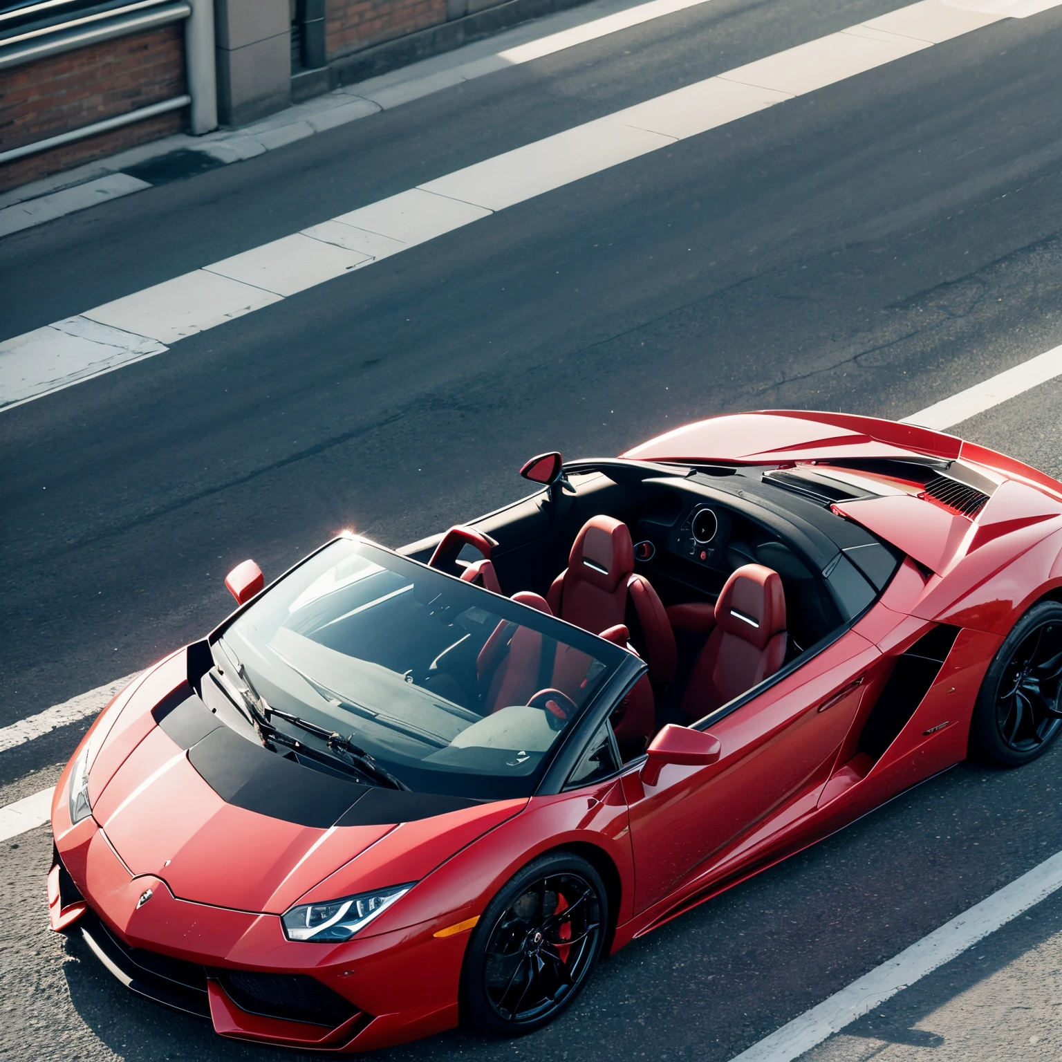 A red convertible Lamborghini sports car,it's speeding down the street,There is a cute girl sitting in the driver's seat of the car,She had a smile on her face,Round face,looks into camera,Wearing a pair of black round glasses,Brown-black medium-length short hair,The hair is divided on the left and right sides,Wearing pearl earrings on ears,The details are very clear,the background is clean,The light is gentle,The style is anime,3D characters from Disney Pixar,Artistically,IP,blindbox,divino,Cinematic rim light。(Red convertible Lamborghini sports car speeding on the road 1.5,Surrounded by street scenery 1.5)