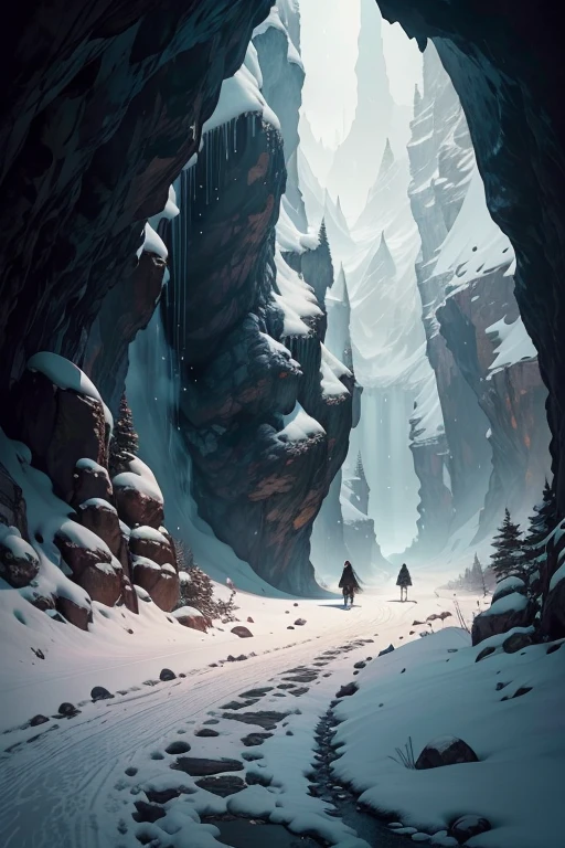 the mountain open cave on the top of the mountain, on the egde of it. With breathtaking view on mountain alley hiding in the cyrcling Mountain range. It's snowy and cold there, raw cave without any decorations. It's a meeting place with only 5 thrones carved in the stone, uncomfortable to sit and few torches giving little light. Lot of shadows. The only door to the cave are made of dark wood and bended metal. There is no protection at the edge of the cave. It is located on a mountain peak and its edge leads several hundred meters down straight into the mountain valley. Inside are 5 fantasy elves, two woman and three man, wearing a fantasy, black, stripe leather armor with fur coat