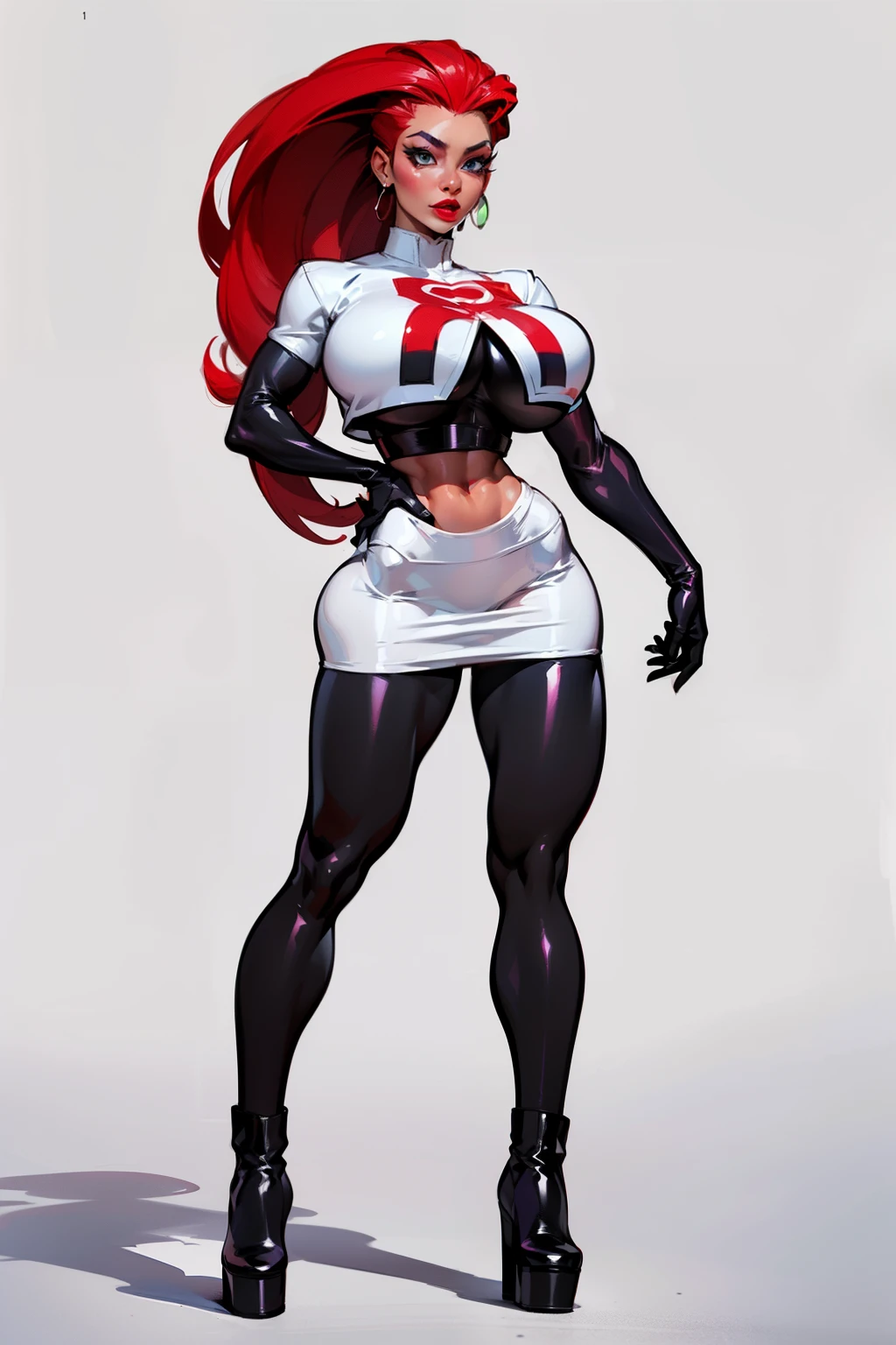 ((masterpiece)),(((best quality))),((character design sheet)), Pokémon character Jessie, (team rocket uniform) ((Jessie)), ((side body view)) mature face, (red violet hair),((perfect eyes:1.4)), (thigh high black boots:1.3), (slicked back hair), defined cheekbones,((long hair:1.2)), high cheekbones, illustration, muscular, sexy bimbo, (gigantic breasts:1.3) red hair, ((detailed face:1.4)) beautiful woman, (black gloves :1.2), (white skin:1.4) , (red lipstick:1.4), shiny skin, scribbles and marks,(puffy lips:1.4) , (giant red R on shirt), rough sketches, pose, 8k,16k, (simple background, white background: 1.3) ((cool color palette)), ((white crop top, white skirt))