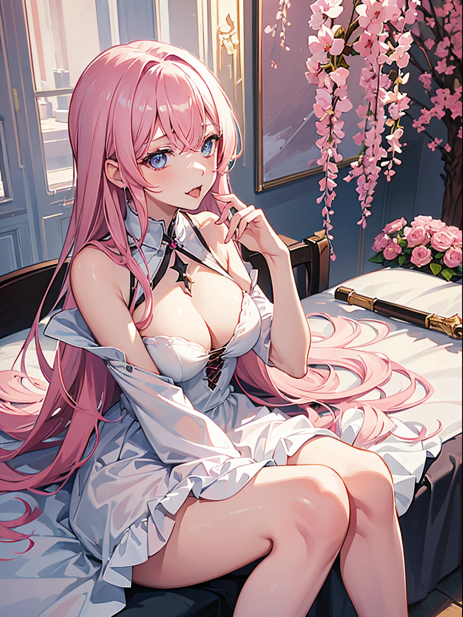 1 girl,Best quality, tmasterpiece, Long pink hair, blueneyes, Visually inspect the audience, Mouth sticking out tongue,The face is slightly red,is shy,full bodyesbian,adolable,Lori huge breasts cleavage,white dresses,sitting on his knees on the bed