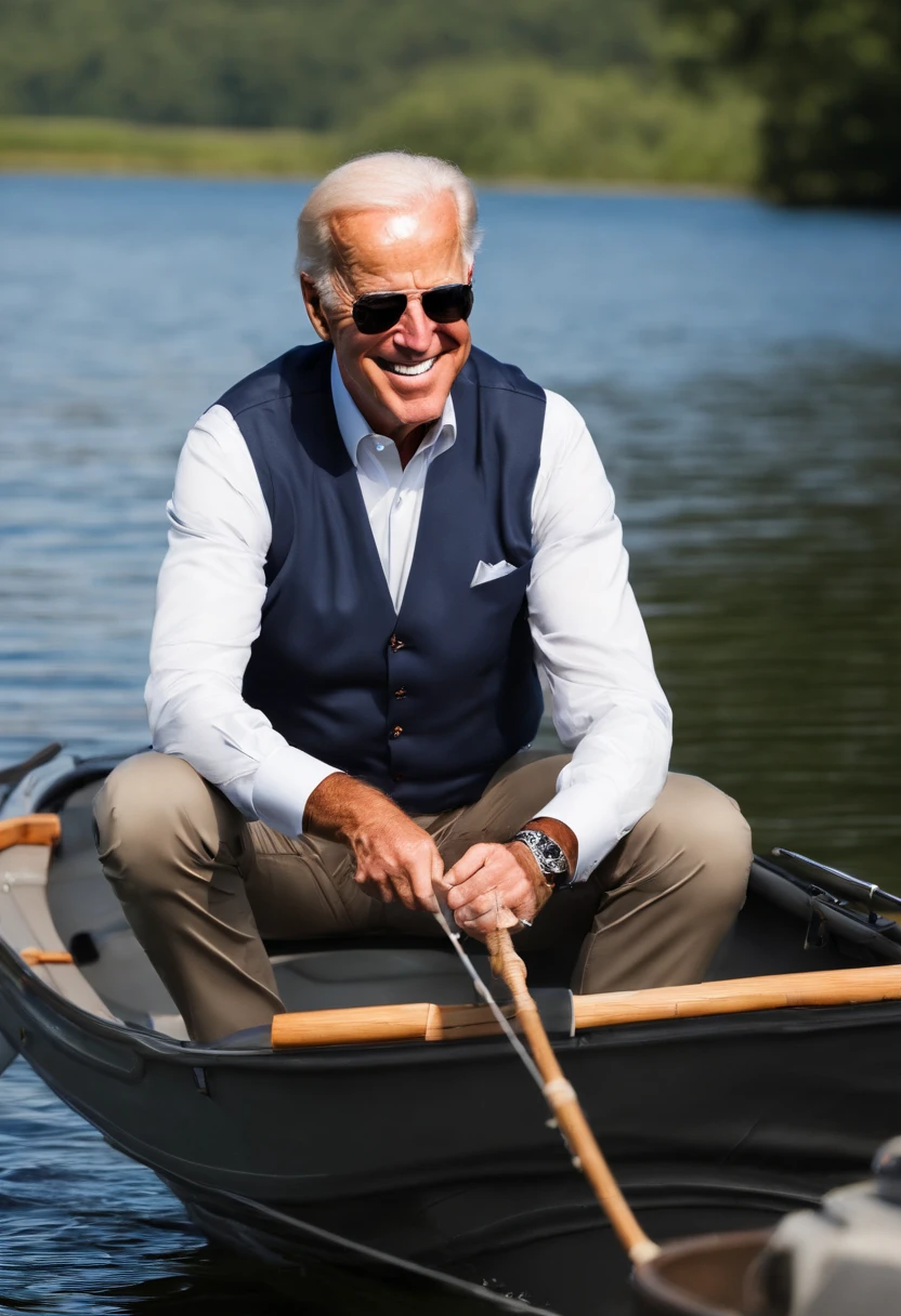 A photo of Joe Biden peacefully fishing by the tranquil lake,original, Joe Biden, the President of the United States, is typically seen in a suit and tie, often with a smile and aviator sunglasses, which have become somewhat of a trademark look for him. He has white hair, blue eyes, and is known for his friendly demeanor., male