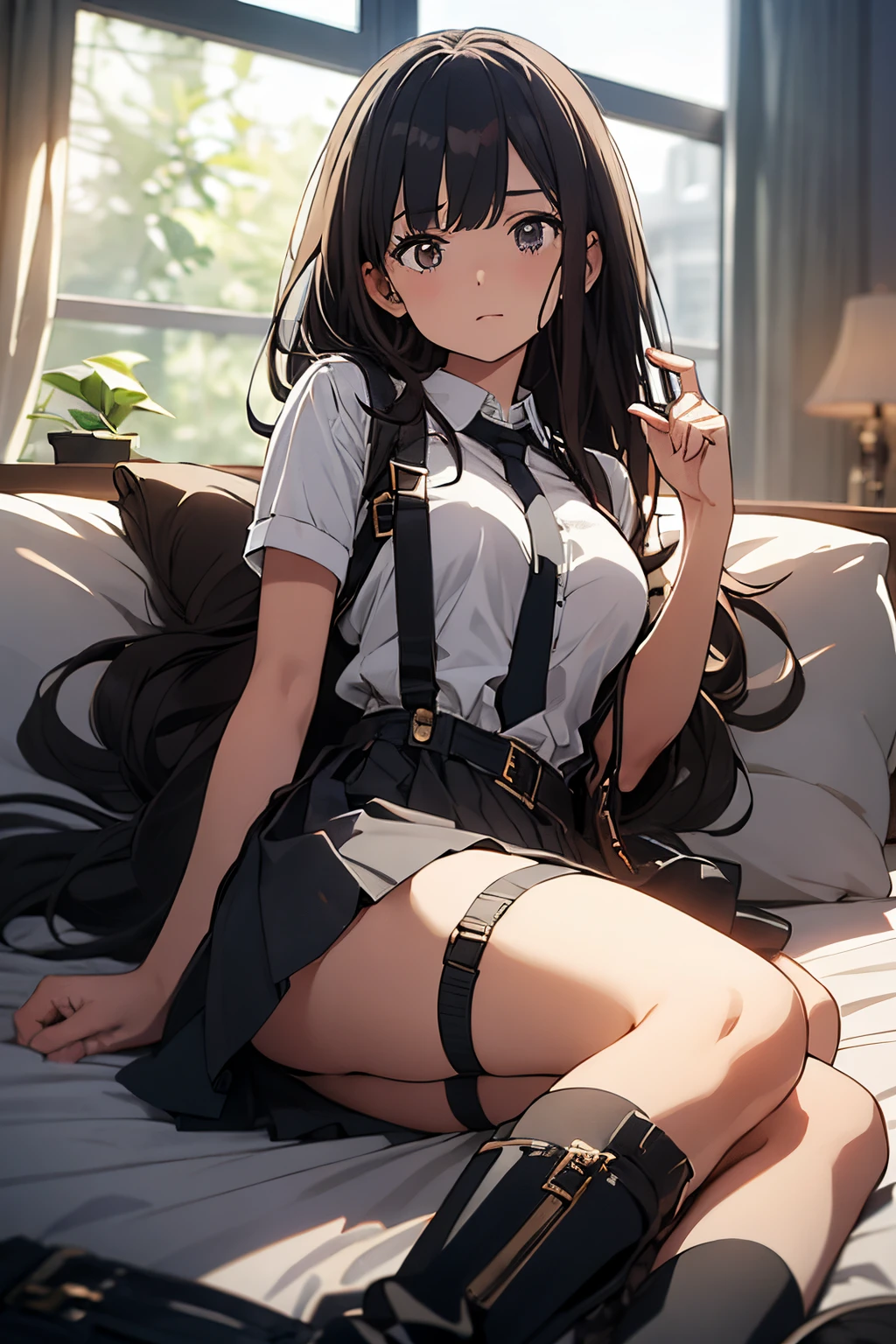 masterpiece, best quality, highres, aachizuru, long hair, one side up,  maid, maid headdress, apron, black dress, skirt hold, angry, on bed,open legs,spread legs,miniskirt,(((lift skirt,lace bra,lace panties))),thighhighs,,navel