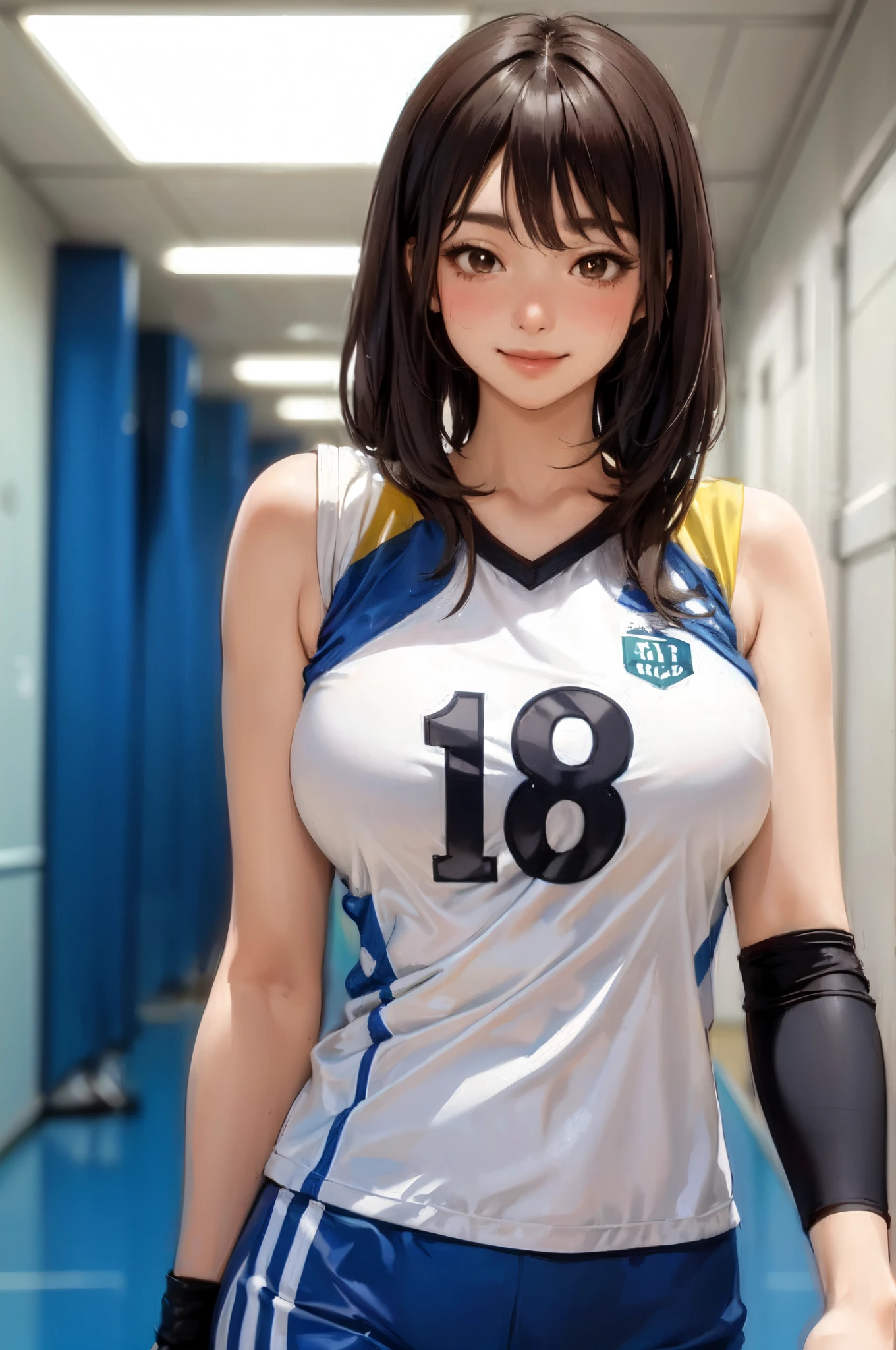 1lady solo, /(volleyball uniform/), /(dark brown hair/) bangs, blush kind smile, (masterpiece best quality:1.2) delicate illustration ultra-detailed, large breasts BREAK /(gym hallway indoors/)