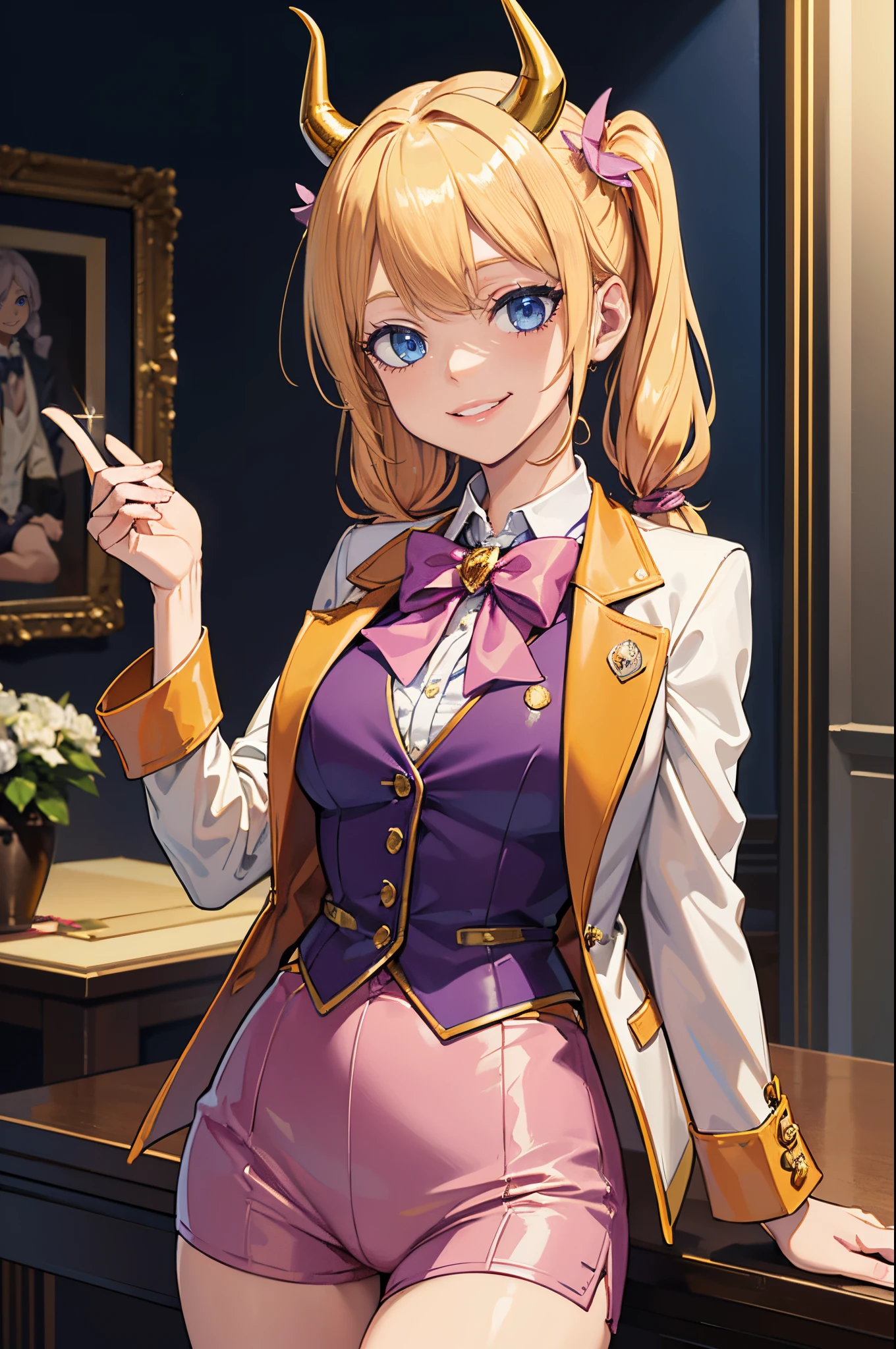 Safe for work, masterpiece, best quality, solo, 1 girl, cute girl, wholesome girl, (young female body:1.4), ( medium breasts), cowboy shot, cocky smile, light blue eyes, yellow golden hair, extra long blonde hair, hime cut, low pigtails, rich girl vibes, indoors mansion, gold demon horns, pink lipstick, purple shorts, high waist boy short, dark purple boy shorts, white sleveeless tshirt, orange bowtie, orange suit vest, vest, gold chains, jewelry, gold details, tights, short suit jacket, gold details, pink suit jacket, bright orange corset, suit vest, pink suit jacket, fancy casino outfit, gold devil horns, casino clothes
