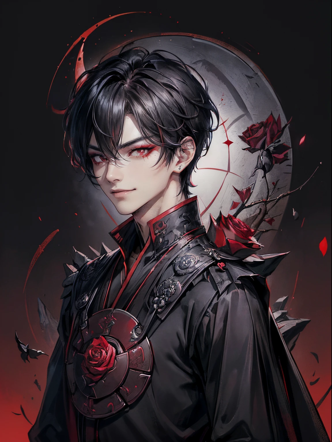 ((4K works))、masterpiece、(top-quality)、((high-level image quality))、((One beautiful man))、Slim body、((Butler Black Y Shirt Fashion))、(Detailed beautiful eyes)、((Red roses and crows on fantastic black background))、Inside the Evil Castle、((Face similar to Chaewon in Ruseraphim))、((short-haired))、((A dark-haired))、((Smaller face))、((Neutral face))、((Red Eyes))、((Korean Male))、((18year old))、((wild boy))、((Show your teeth and smile))、((Korean makeup with black eyeshadow))、((elongated and sharp eyes))、(((Shot alone)))、Villain、Dark Proof、((Shot diagonally from the side))