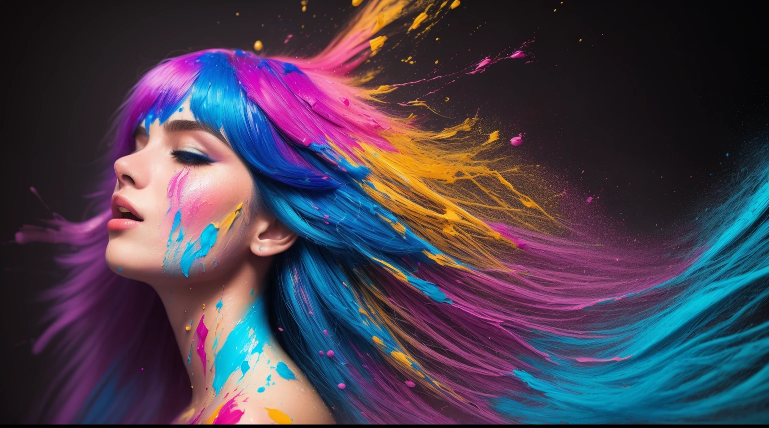 (level difference:1.8),(Paint colliding and splashing on the canvas),(depth of field),1girl's side face blends into it,(side face),open mouth,cmyk color,(liquid paint rainbow hair:1.1) made of paint and defies gravity,thick flowing,(paint splatter:1.3),Liquid state,stunningly beautiful, masterpiece, detailed background,ultra high quality model, ethereal background,abstract beauty, explosive volumetric, oil painting,heavy strokes,Romantic lighting,Sub-Surface Scatterring,lens 135mm,f1.8,glow,8k,high resolution, dreamy,ray tracing,hdr,god rays,