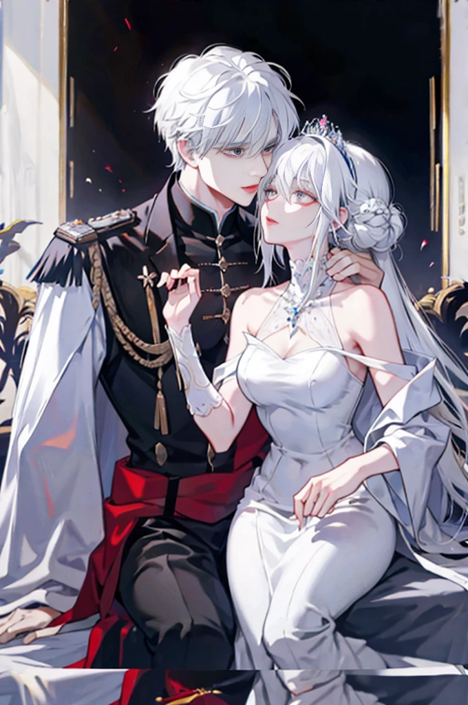 White-haired woman lying in the arms of a black-haired man, royalty, nobility, princess, elegant, kiss, high quality, couple, kiss