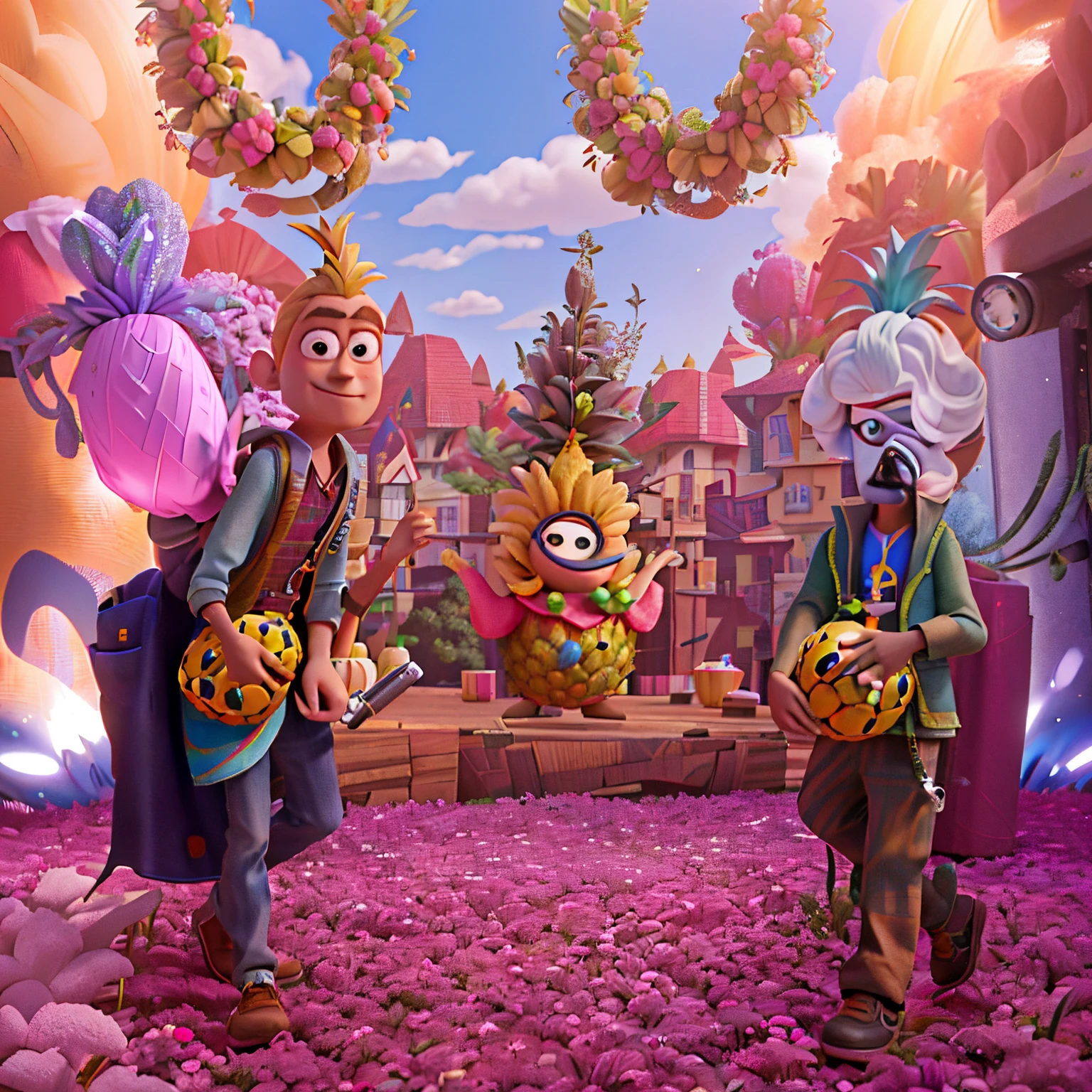 A pineapple, magical, fruit anthropomorphic, wearing a jacket and carrying a mechanical weapon, Pixar animation, Disney animation, funky blind box, OC rendering, ray tracing, high quality, high detail, high resolution, 8k, bust size，this means "Referencing the animated movie 'Minions'."