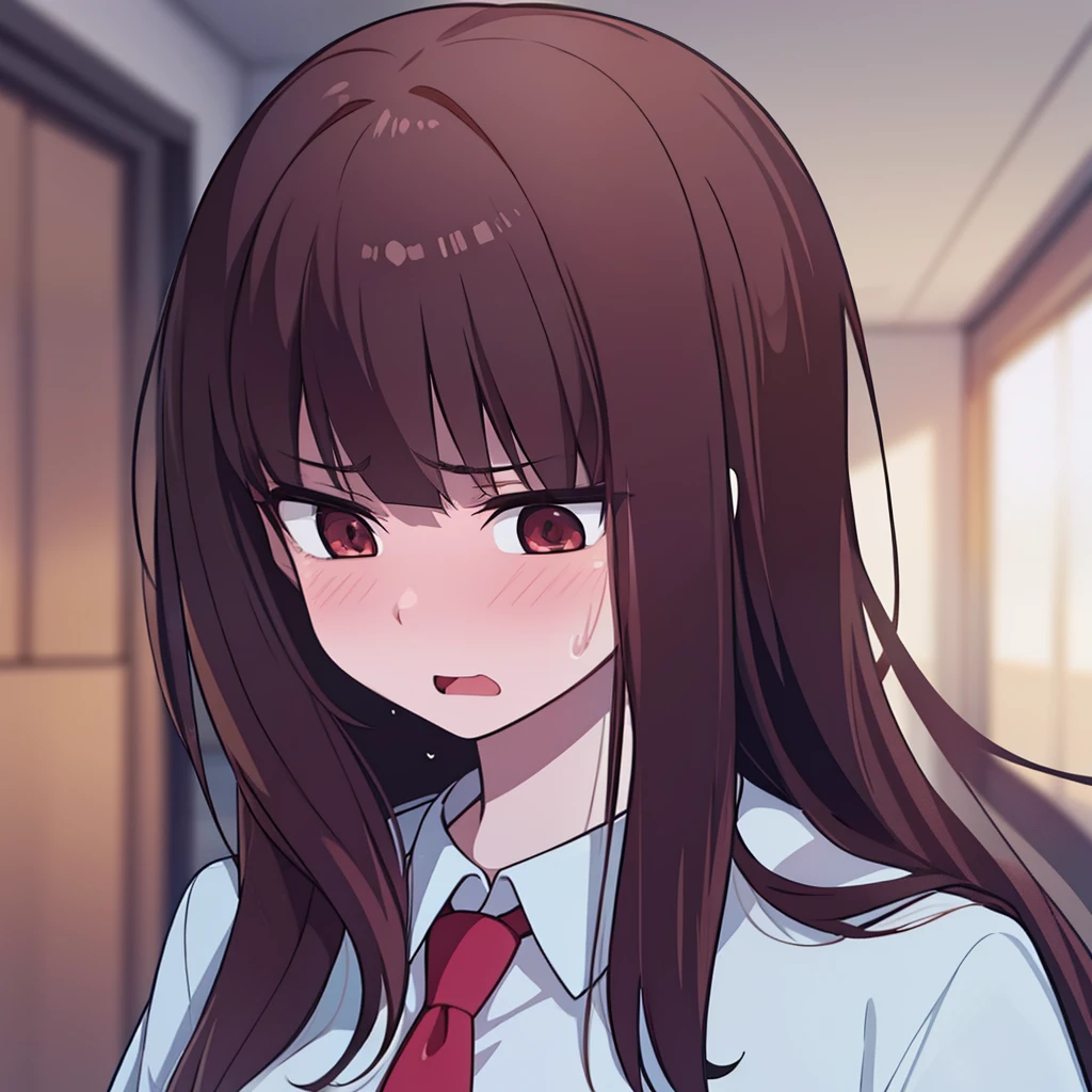 hiquality, tmasterpiece (one girls) opened mouth. loser. brown-hair. brown eye. Embarrassed face. pale skin. school uniform with red tie. Against the background of the school corridor.