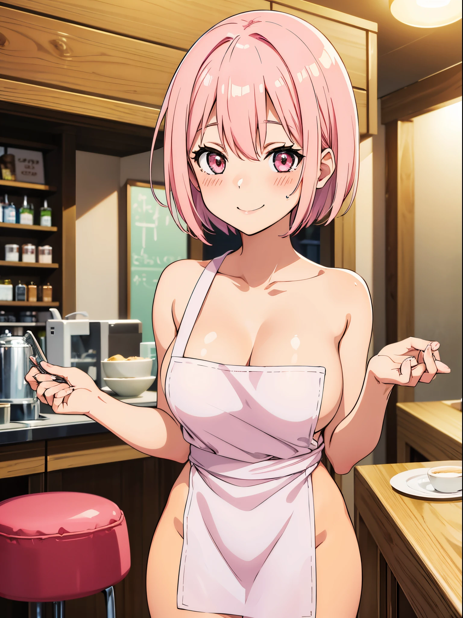 1girl, solo, nakano ichika, pink short hair, (naked:1.3), (white apron), large breasts, cleavage, thighs, cafe background, (blushing:1.2), smiling