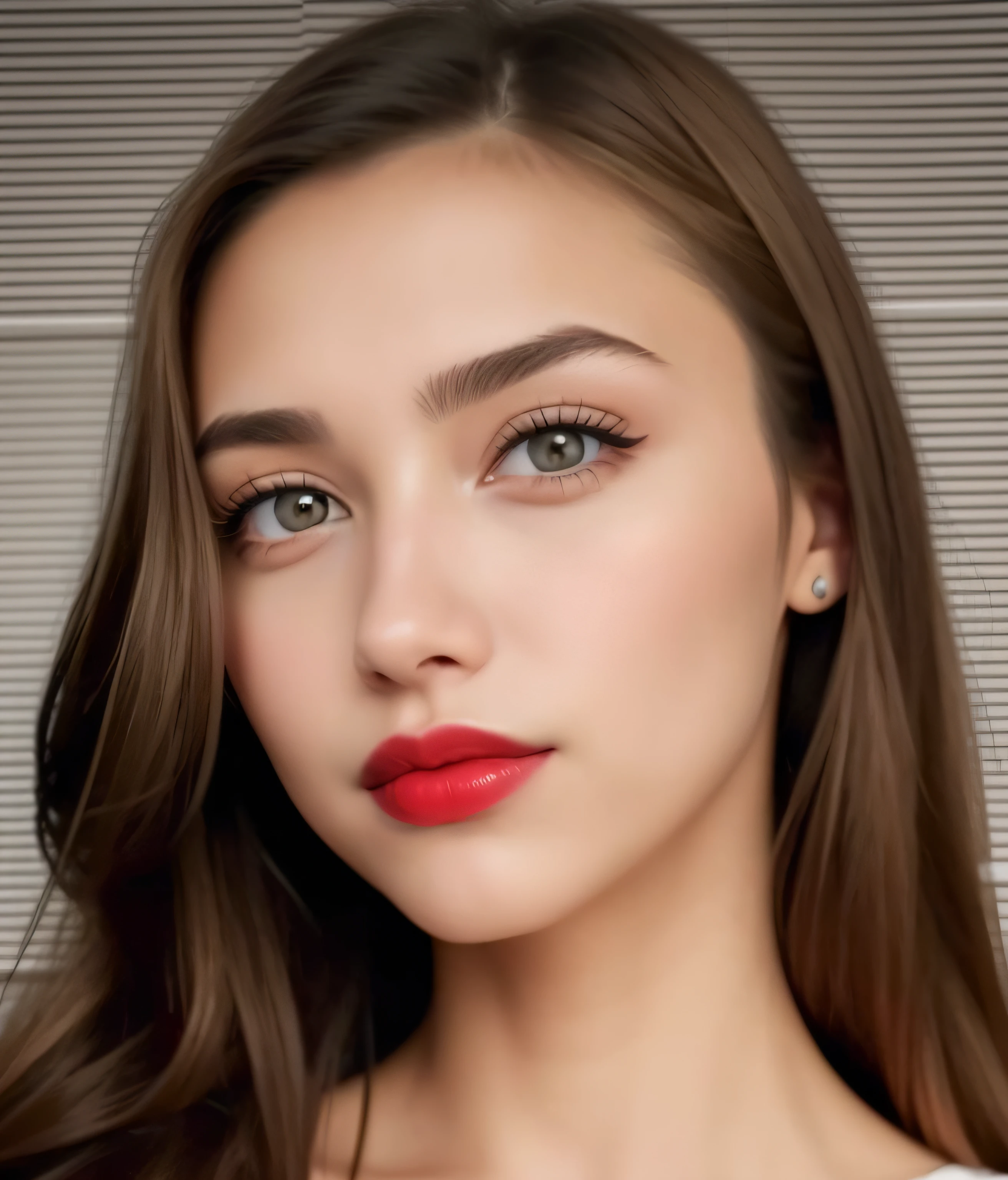 A close-up of a woman with long hair and red lipstick., Cara hermosa hiperrealista, 19 year old girl, Hermoso rostro fotorrealista, Cara hermosa y realista, Retrato Sophie Mudd, Rostro juvenil, Maia Sandu Hiperrealista, 18 years old, Cara hermosa realista, Hermosa cara realista, Cara perfecta ), cara extremadamente hermosa, Atractivo rostro hermoso
