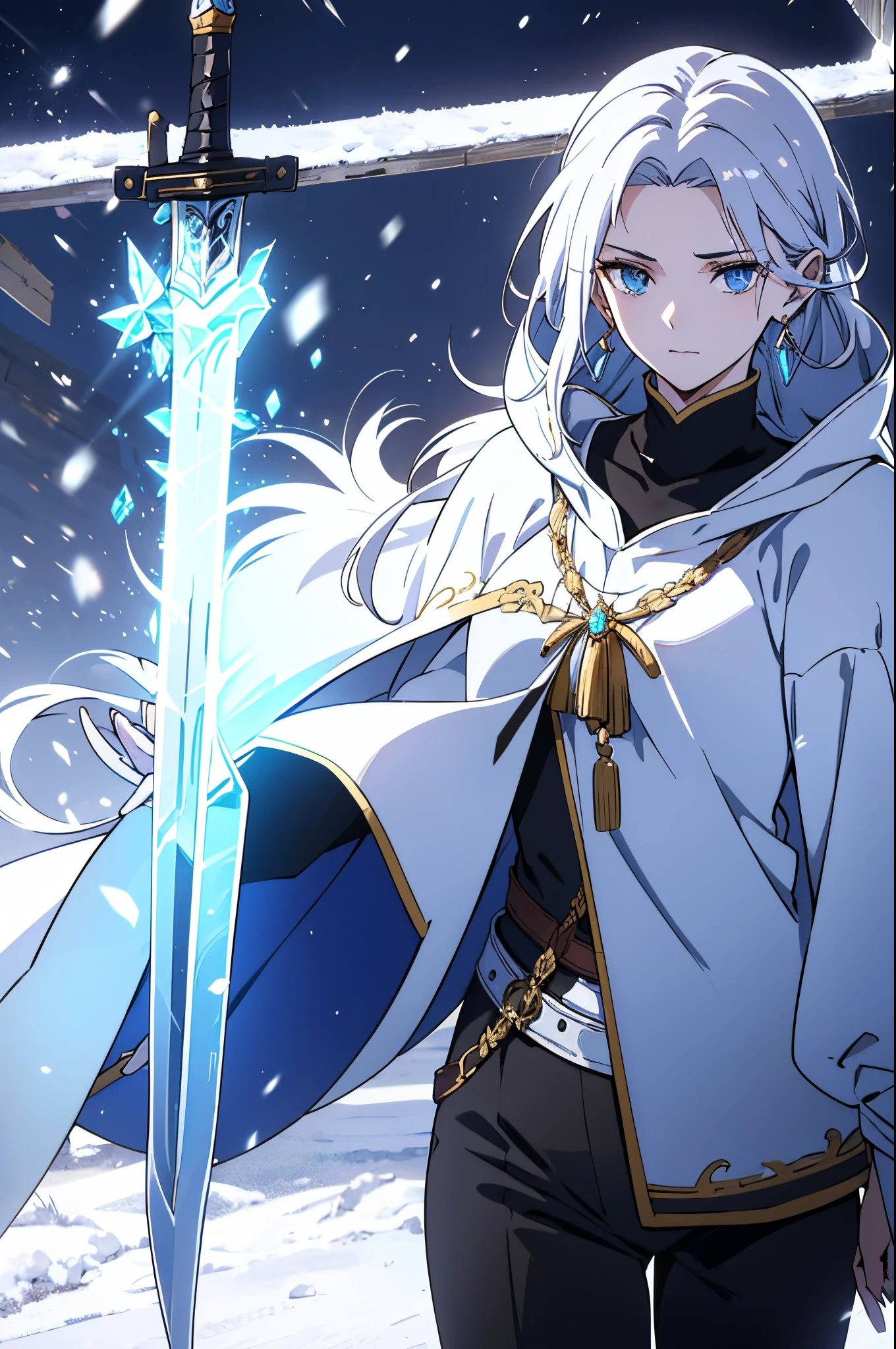 It was medieval, a woman, young, 19 years old, swordsman, long white hair, skin as white as snow, cold eyes, blue eyes like crystal, black sweater and pants, adventurer, white cape, crystal sword, earring in her ear.