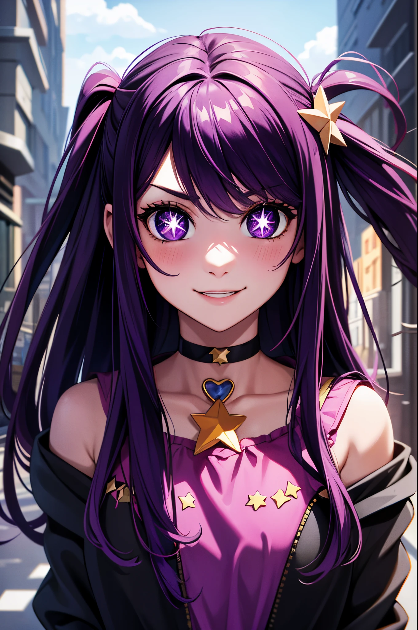 ((face portrait)), (masterpiece), best quality, expressive eyes, perfect face, highres, (8k), (perfect face), (ultra details), 1 girl, solo, ai hoshino, hair between eyes, long hair, one side up, (purple eyes:1.1), purple hair, (star-shaped pupils:1.5), symbol-shaped pupils, ((purple blouse)), off shoulders, jacket, black jacket, open jacket, chocker, smile, street background, standing, portrait, looking at the viewer, posing, from frontal