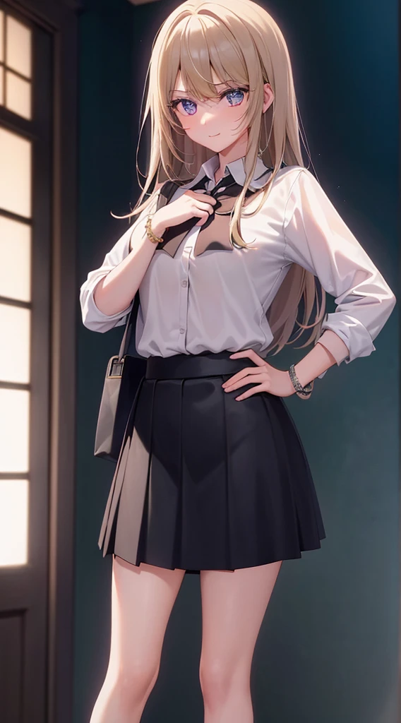 hi-school girl、Cool、White shirt、Black pleated skirt、woman 1,Snow City at Night、platinum-blonde-hair、A bracelet、Dramatic Writing、full-shot、Slender woman、high-school uniform、Cinematic lighting、beautiful countenance、A sexy、Gray eyes、model shot、Whole human body、full-shot、Short black socks、Khaki Leather Shoes、japanes、、Cool、I see underwear、Opened shirt、Sheer lingerie、Standing Pose、Hands fold behind your back、thick legs、a short skirt、Black tie、Cool、de pele branca、straight haired、drooing eyes、smil、red blush、Loose socks、snow blowing、Fantastical、Red muffler