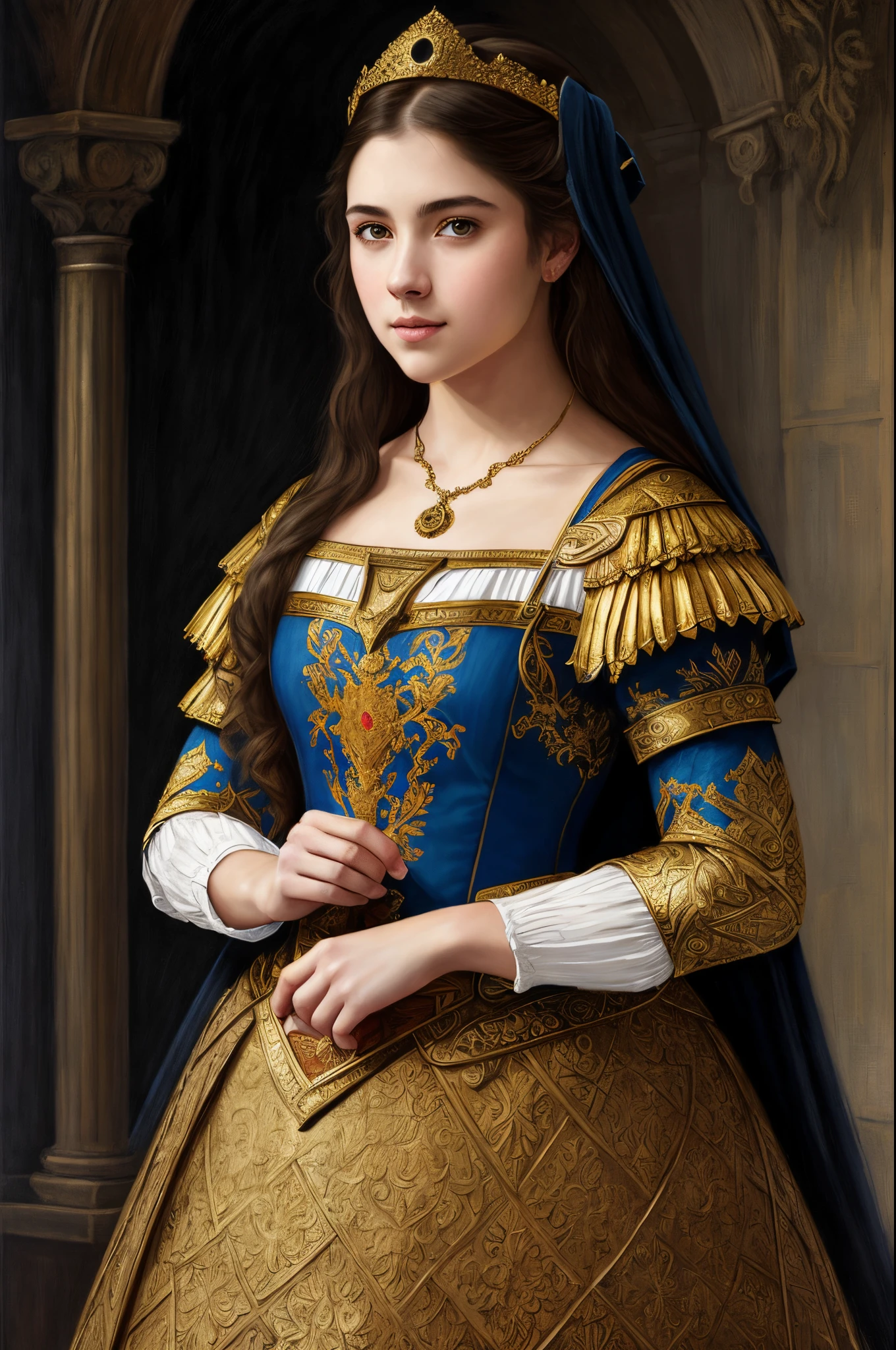 portraitures、girl with、medieval times、In the style of classicism Andrey Atroshenko、Detailed and symmetrical eyes、Draw realistic pictorial pieces focusing on gorgeous faces。Incorporates noteworthy figurative elements、Original characters like fine art、Express in oil on canvas。HDR for 8K high resolution and high detail work please。