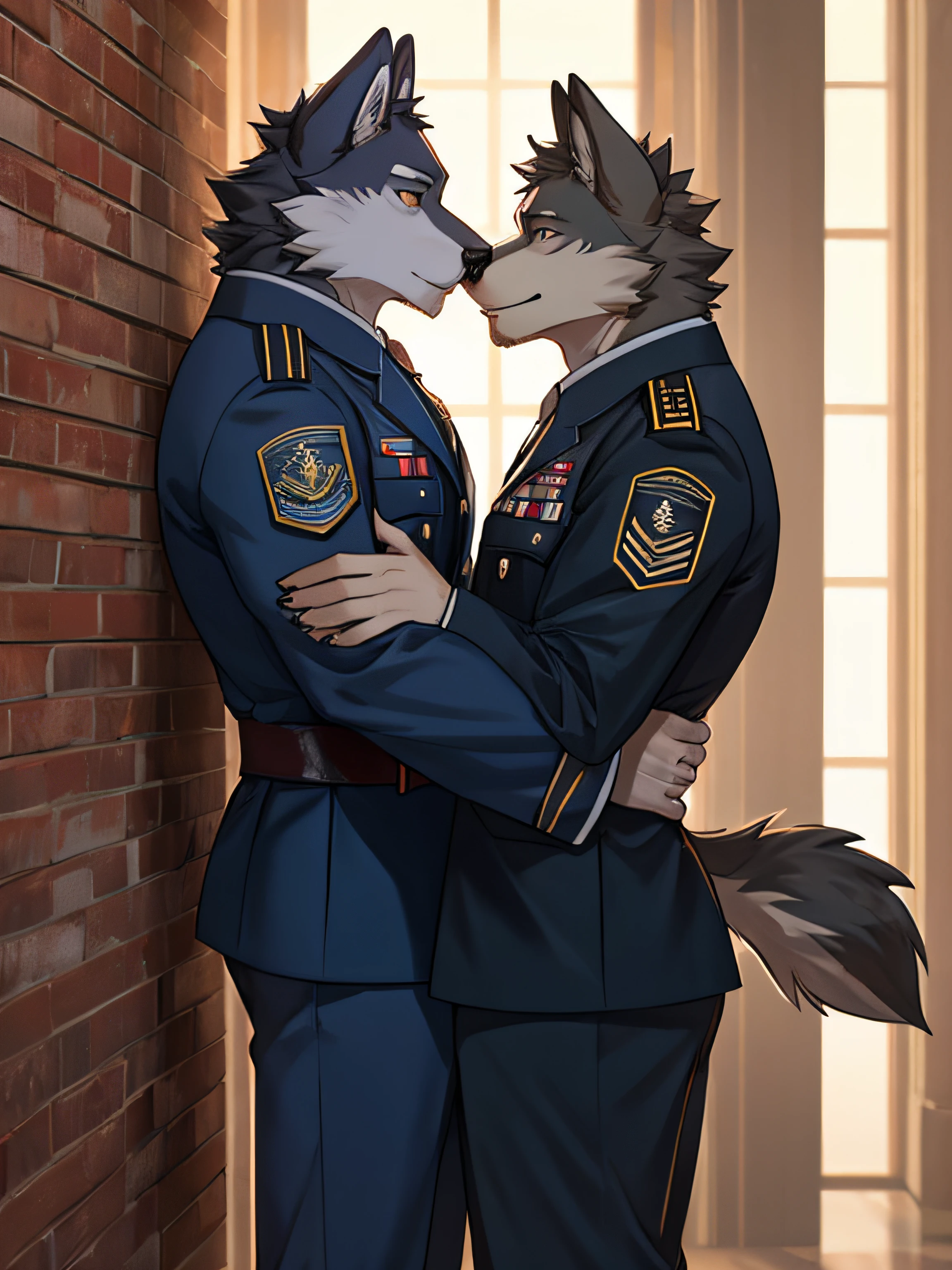 wolf ,masculine ,Black feathers ,Wearing an American soldier&#39;s uniform , Stand against the wall. , Another wolf kissed his lips shyly.