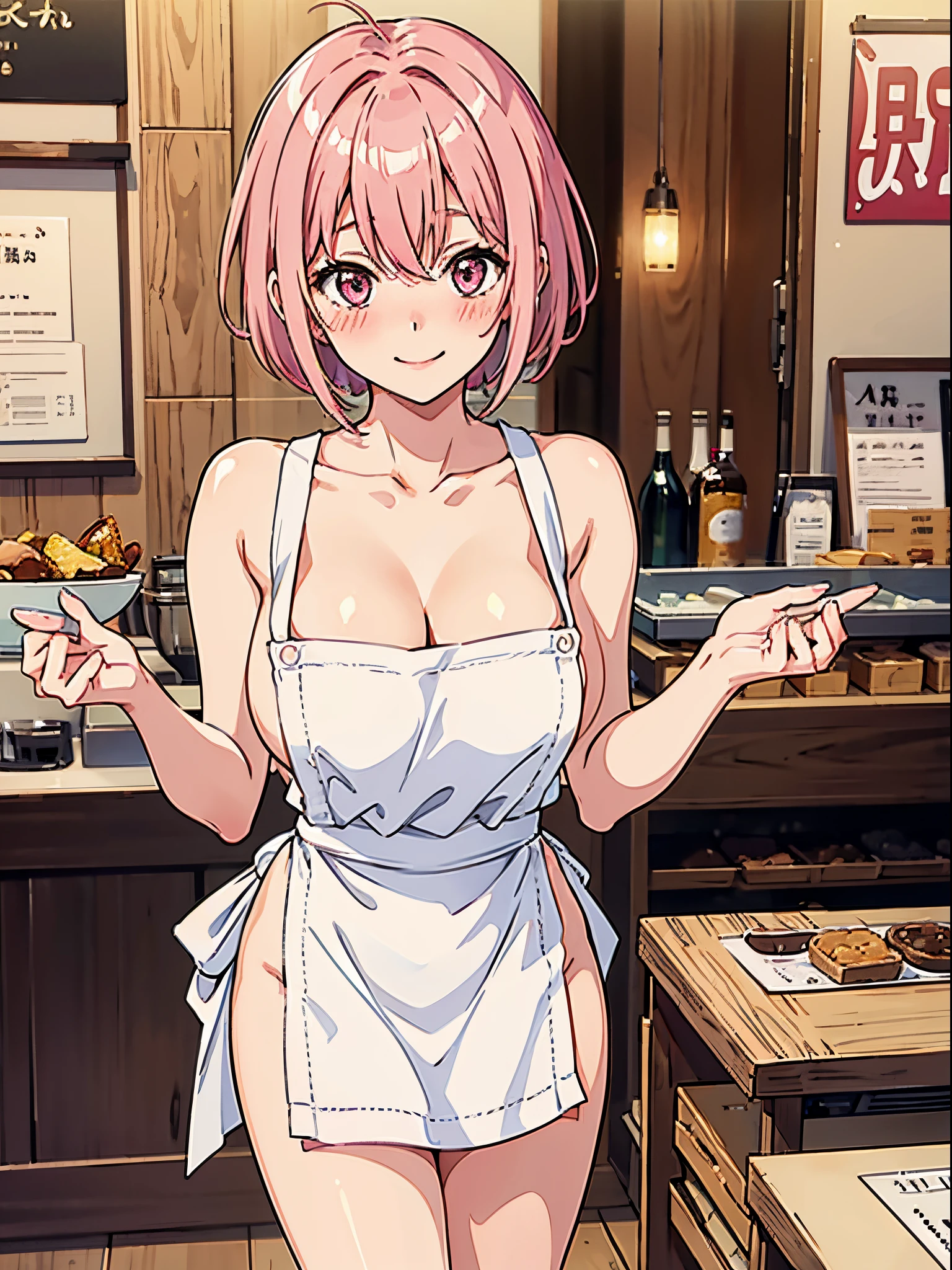 1girl, solo, nakano ichika, pink short hair, (naked:1.3), (white apron), large breasts, cleavage, thighs, cafe background, (blushing:1.2), smiling