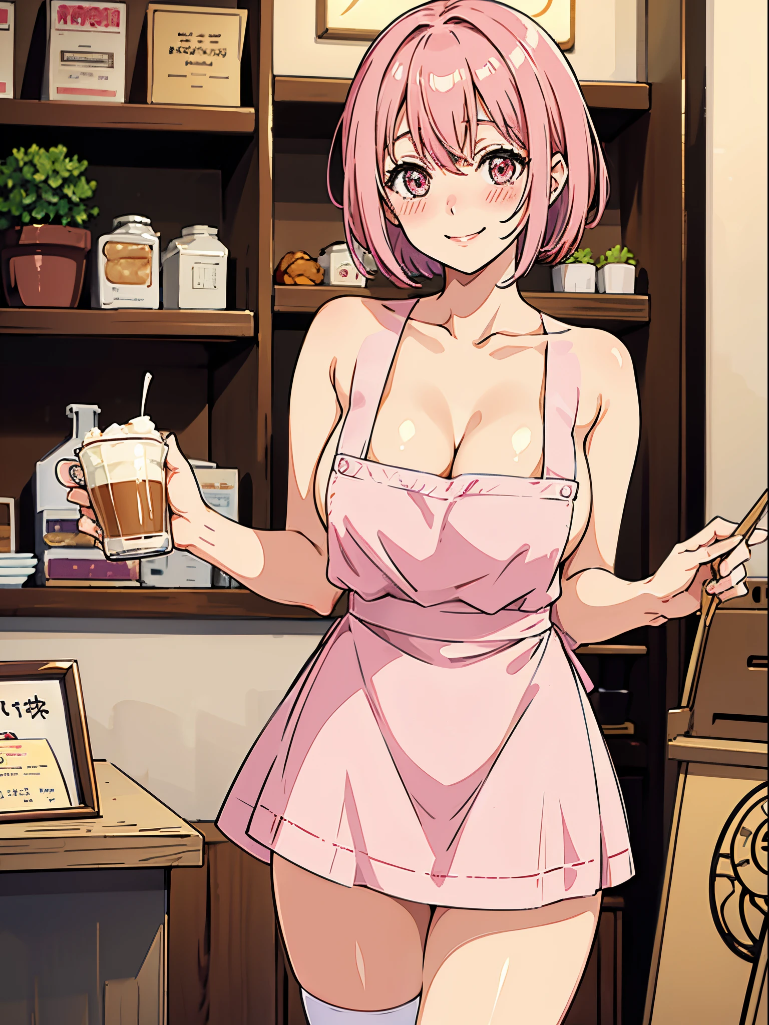 1girl, solo, nakano ichika, pink short hair, (naked:1.3), (white apron), large breasts, cleavage, thighs, cafe background, (blushing:1.2), smiling