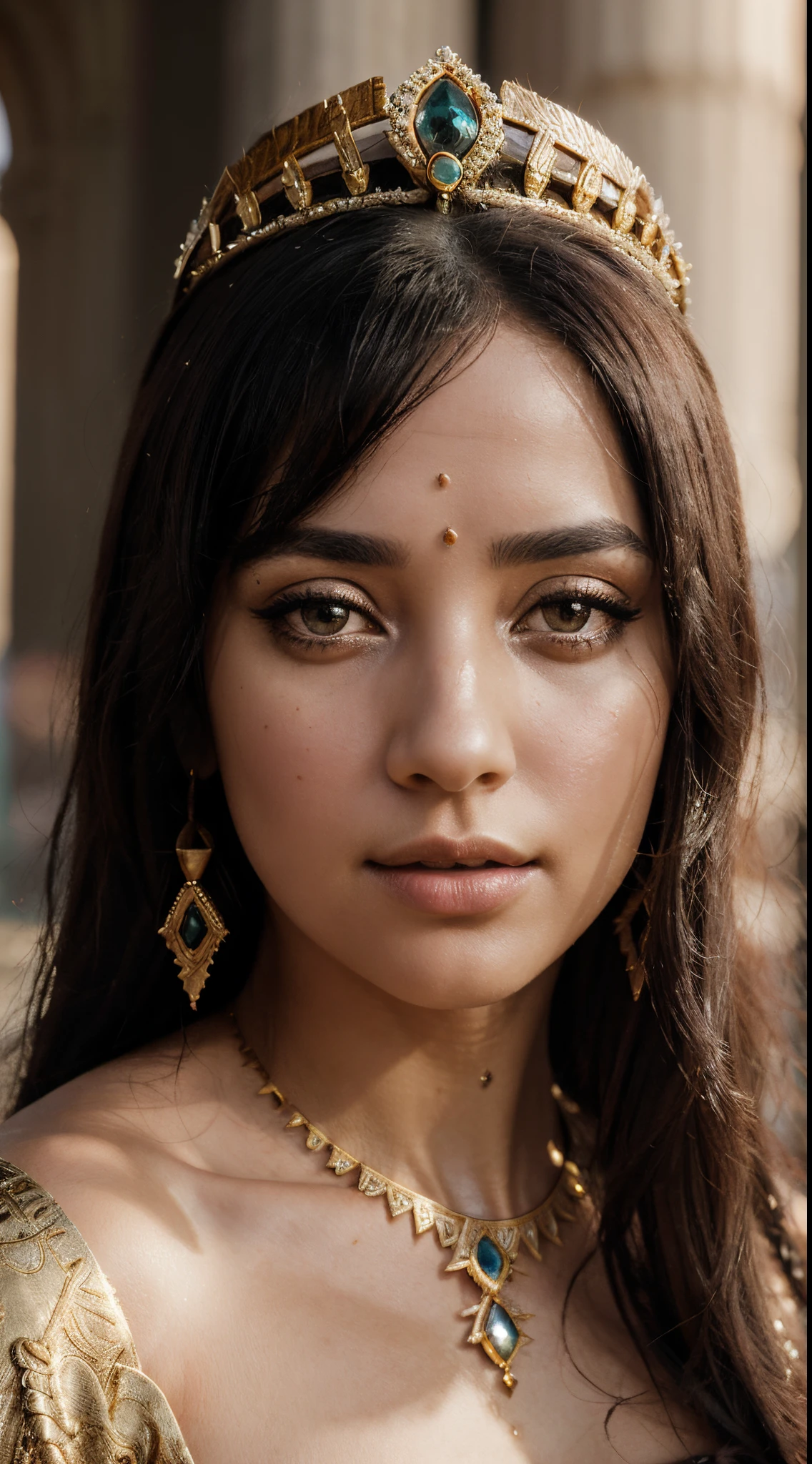 Portrait of Cleopatra the legendary queen of Egypt in high resolution, 4K quality, beautiful, graceful, beautiful eyes, detailed face, high detail, showing royal luxury, decorated with beautiful dresses and intricate jewelry, and delicate styling, exuding an aura of elegance and power, highlighting the beauty of Cleopatra who enchanting, auto cinematic, photography, natural light, Nikon D850, 50mm, f/1.4, facing viewer