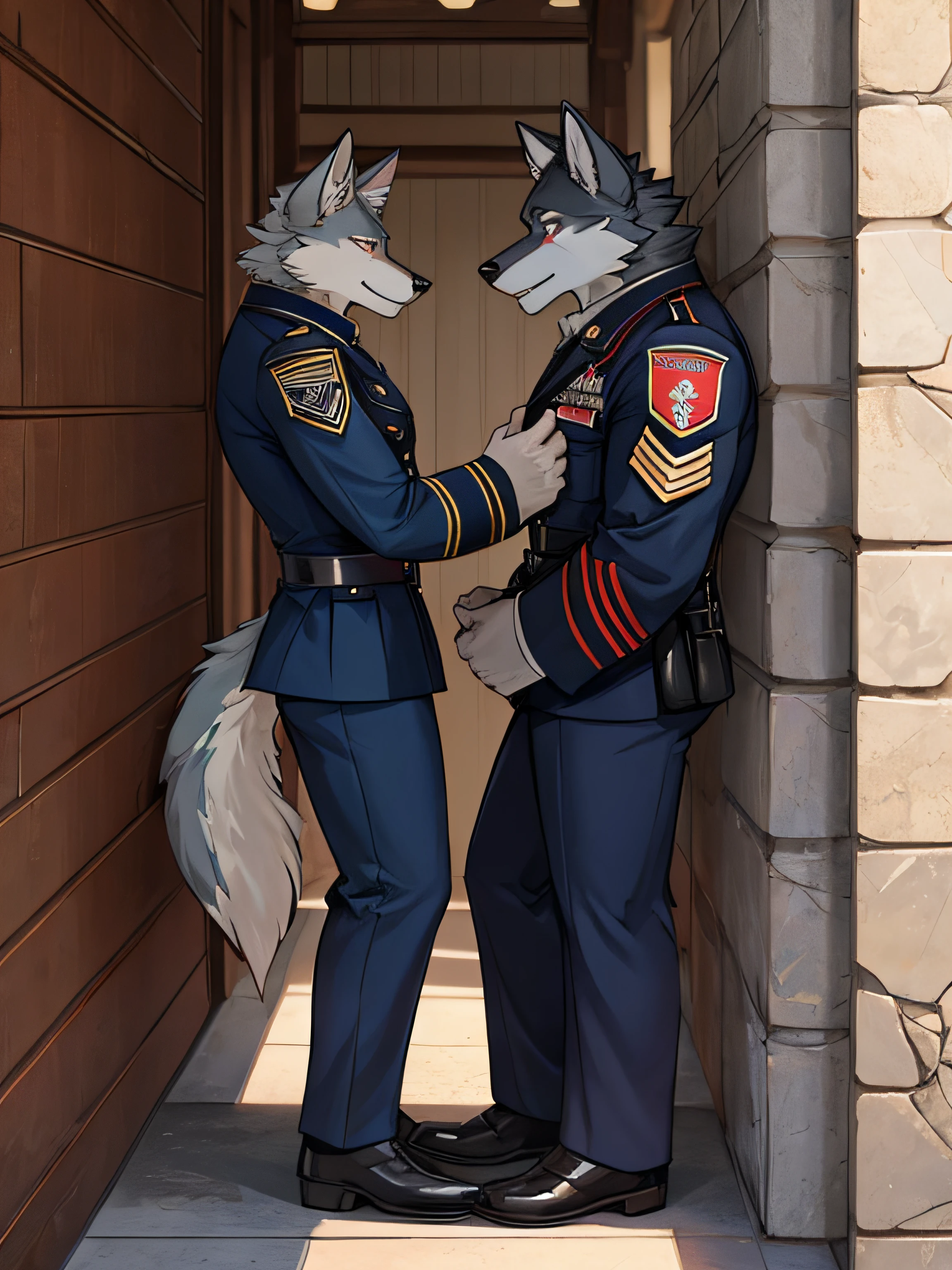 wolf ,masculine ,Black feathers ,Wearing an American soldier's uniform , Stand against the wall. , There's another wolf. , Kneeling , Licking the erect penis of a standing wolf.