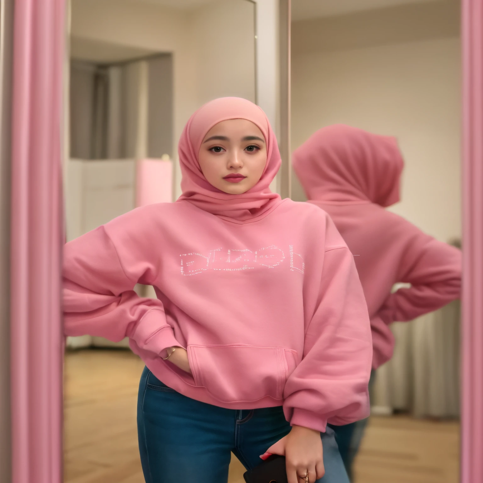Korean girl pink hijab,white tshirt,pink short pants