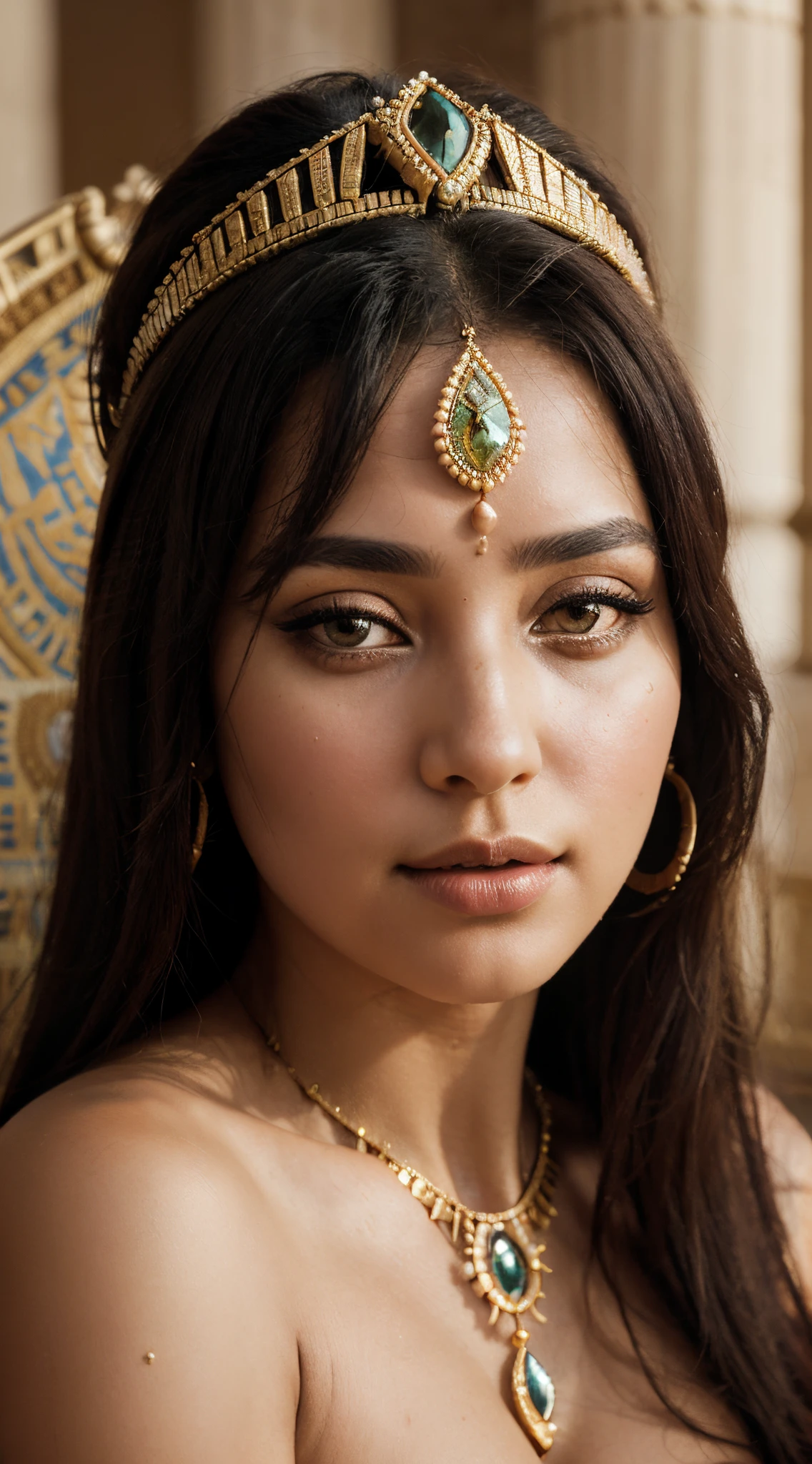 Portrait of Cleopatra the legendary queen of Egypt in high resolution, 4K quality, beautiful, graceful, beautiful eyes, detailed face, high detail, showing royal luxury, decorated with beautiful dresses and intricate jewelry, and delicate settings, exuding an aura of elegance and power, sitting on the queen's throne Egypt, highlighting the enchanting beauty of Cleopatra, auto cinematic, photography, natural light, Nikon D850, 50mm, f/1.4, facing viewer