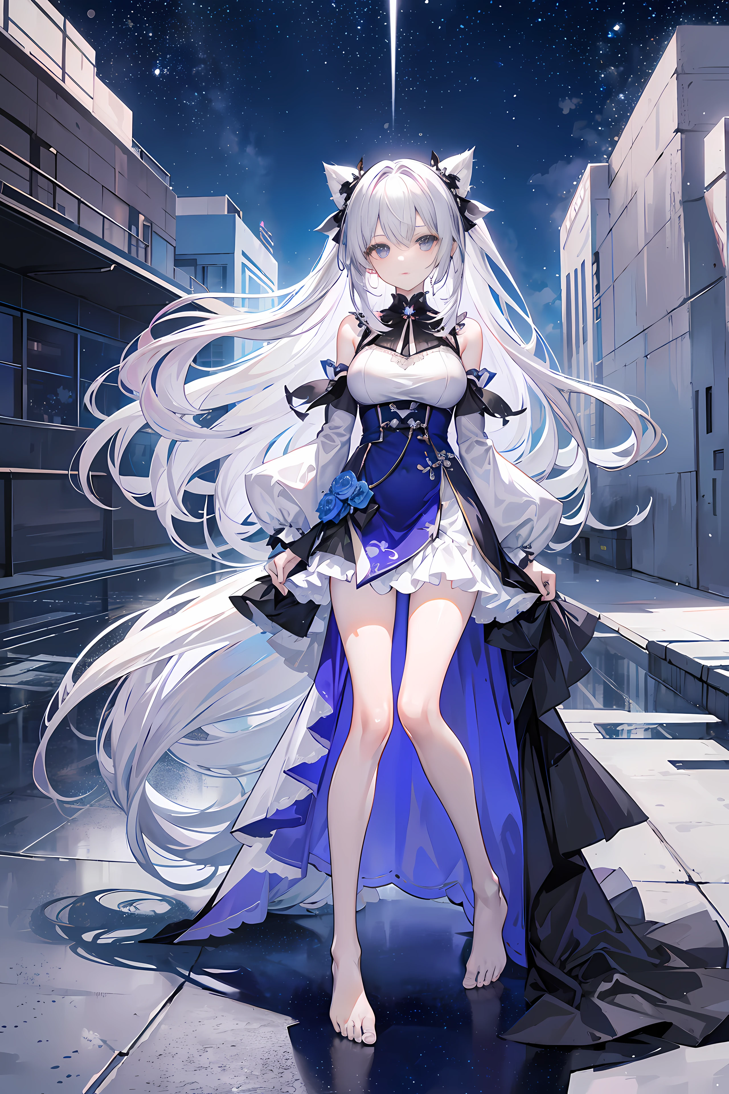 Lilac gradient hair,Asymmetrical hair,（（Hair is very thick 1.8，Hair is well-defined1.6））， Hair over the shoulder, messy  hair, Very long hair, shinny hair，(Long gray hair:1.2),A beautyful girl，（Luxury Platinum Mini Ultra Short Platinum ta，Made of transparent material），（Transparent clothes transparent 1.8），perfect body figure，big thin legs，slenderness，(looking sad，Haggard complexion ，grieves，close your mouth：1.2） Against the backdrop of an unusually bright dark starry sky，（Place your hands behind your back），（Round,tuba, firm breast），Barefoot，afloat，waterface，（long leges，long leges，long leges，Perfect leg shape），Full body photo。