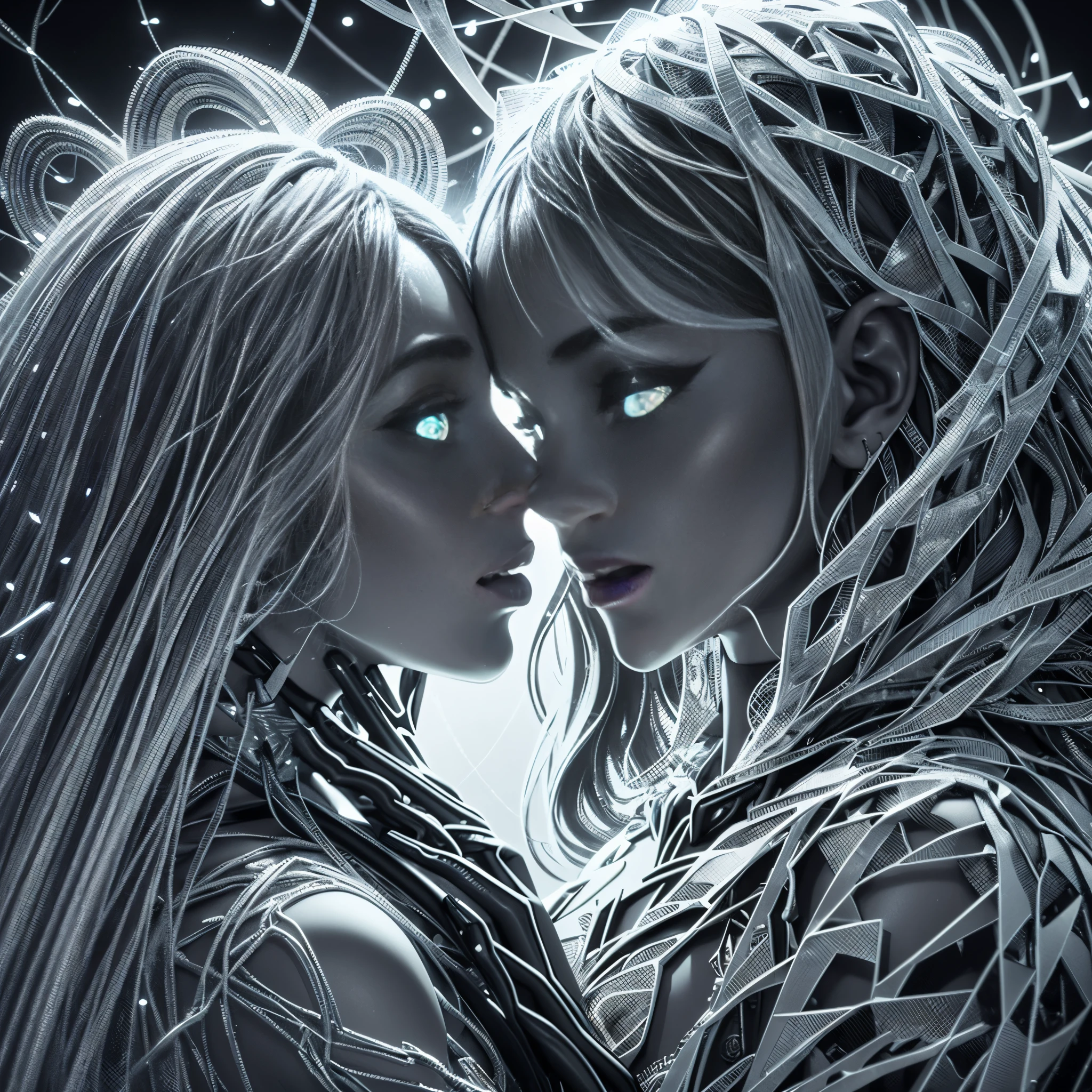 a black and white photo of a couple kissing, highly detailed generative art, strands of being, 3d design, black resin, glowing-eyes-and-mouth, youtube thumbnail, featuring rhodium wires, collaborative artwork, widescreen shot, 3 d print, kissing each other --auto --s2