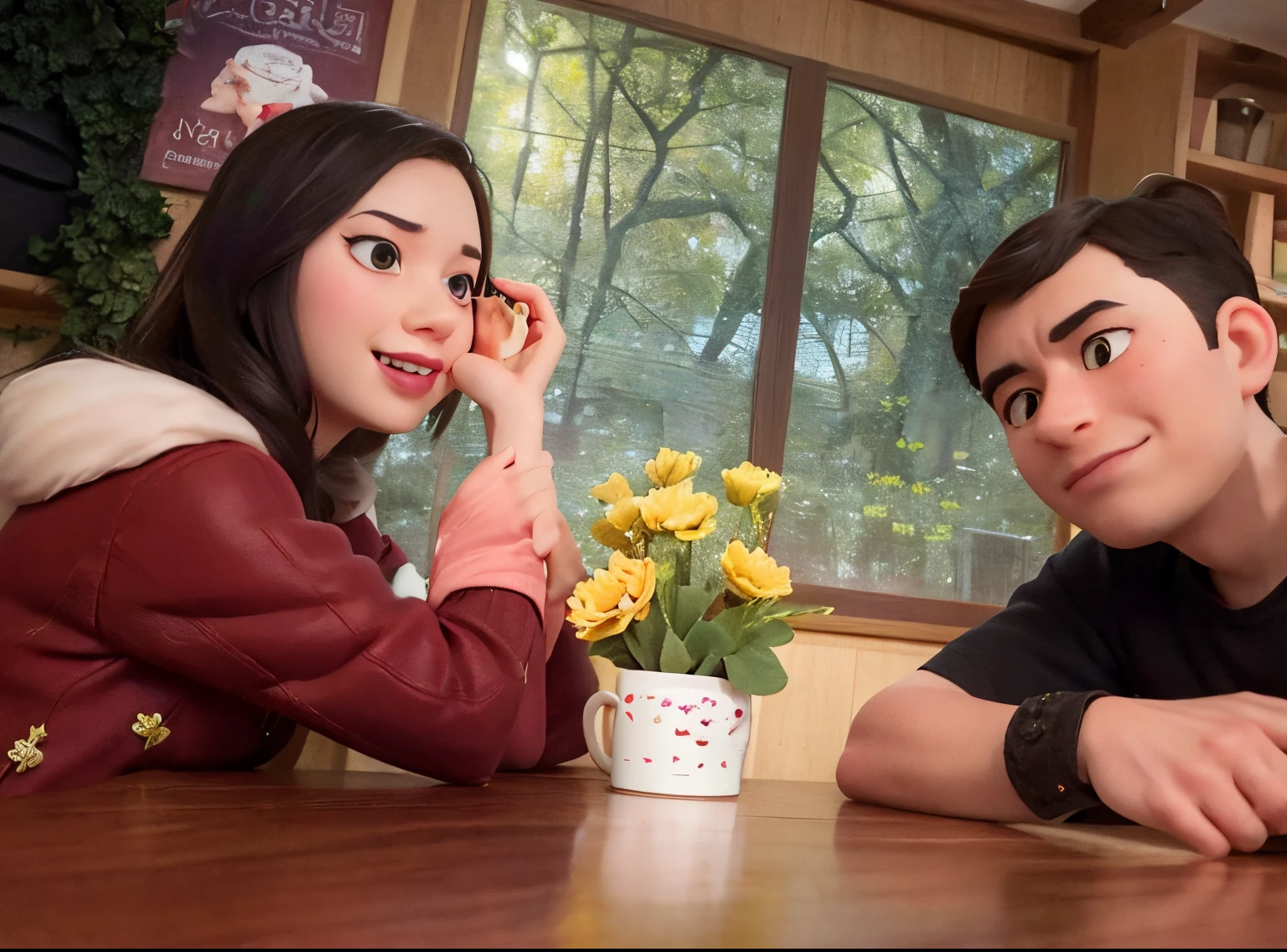 there are two people sitting at a table with flowers in a vase, with ivy, couple, lovely couple, profile photo, with wart, scandy and arender, 🤬 🤮 💕 🎀, on wooden table, wpol and sarasti, with her long, in a coffee shop, ruan jia and brom, profile image, happy couple