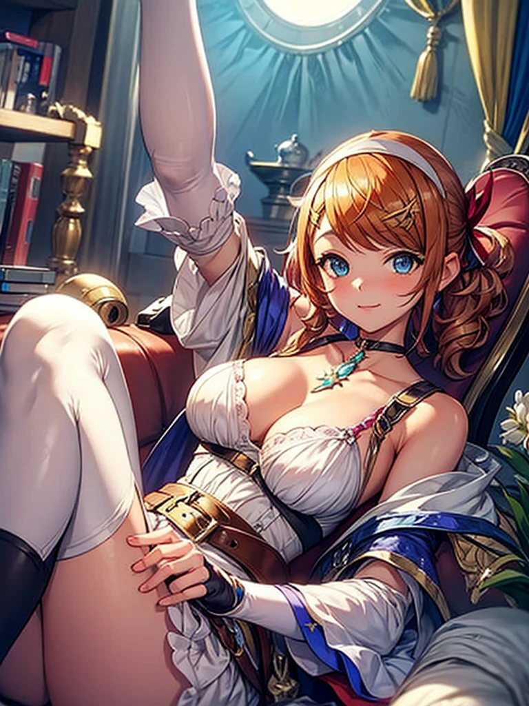 (greatest masterpiece, ultimate quality, ultra-detailed, movie lighting),1girl, solo, super fine illustration, highly detailed, delicate, Resna from Atelier Resleriana game, relaxing happily on sofa in her alchemy workshop, wearing stylish outfit, sunlight shining through windows lighting up all the vials and instruments, intricate details on decor, warm and cozy atmosphere, masterpiece vivid fantasy painting