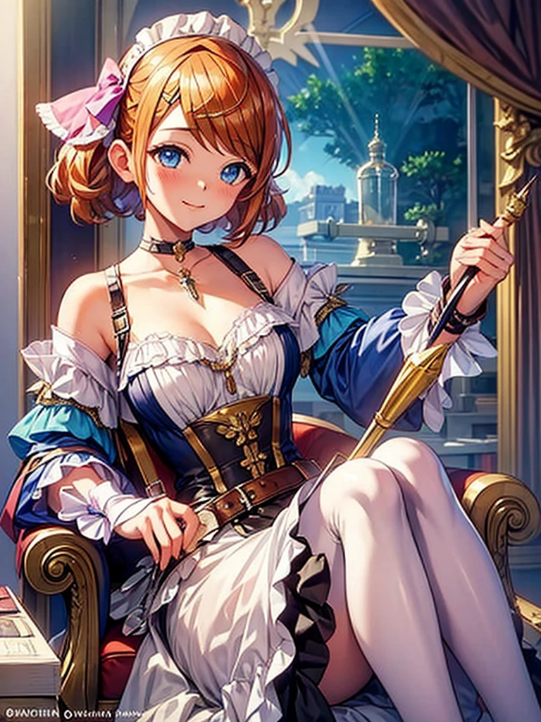 (greatest masterpiece, ultimate quality, ultra-detailed, movie lighting),1girl, solo, super fine illustration, highly detailed, delicate, Resna from Atelier Resleriana game, relaxing happily on sofa in her alchemy workshop, wearing stylish outfit, sunlight shining through windows lighting up all the vials and instruments, intricate details on decor, warm and cozy atmosphere, masterpiece vivid fantasy painting