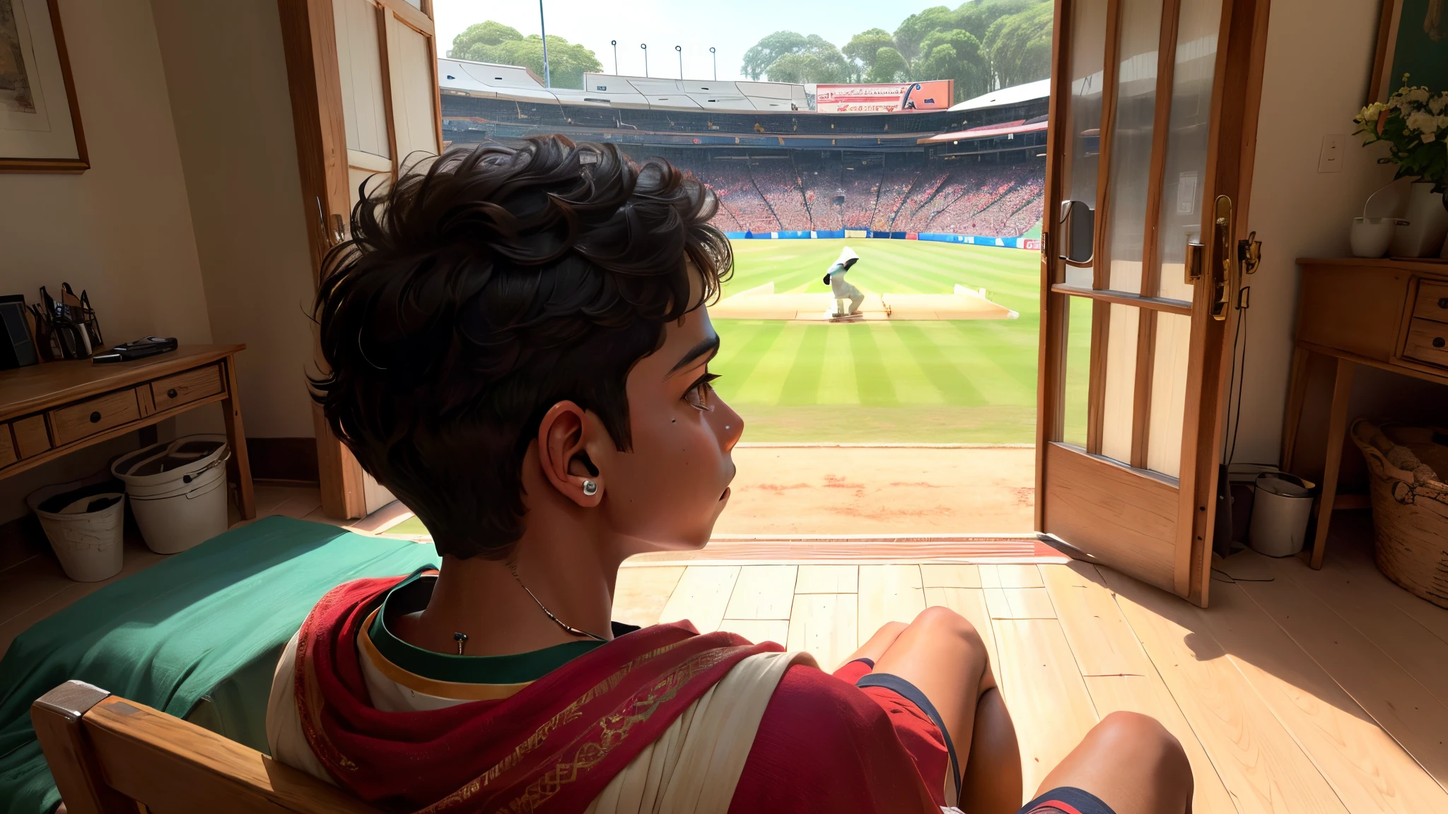 A boy watching cricket, wearing Indian jearsy