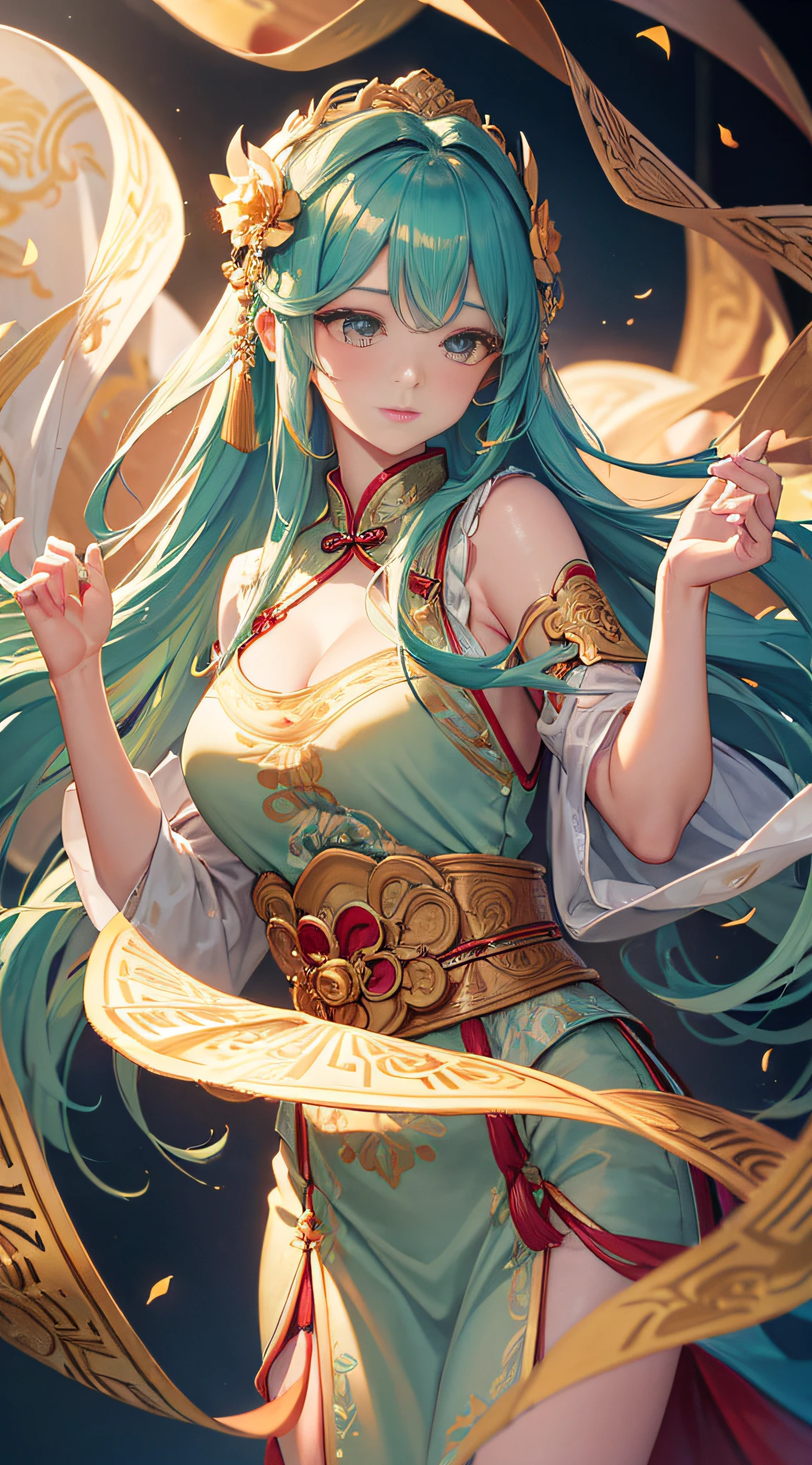(Best quality at best,4K,A high resolution,tmasterpiece:1.2),ultra - detailed,actual,realisticlying:1.37
,Ancient Chinese wind goddess,painterly illustrations,EtherealBeauty,traditional garb,white complexion,long and flowing hair,graceful stance,with a calm expression,Fan dance,charming lotus,Gorgeous headdress,Delicately embroidered silk robe,Beautiful gestures,soft and warm lighting,Bright colors and vintage tones