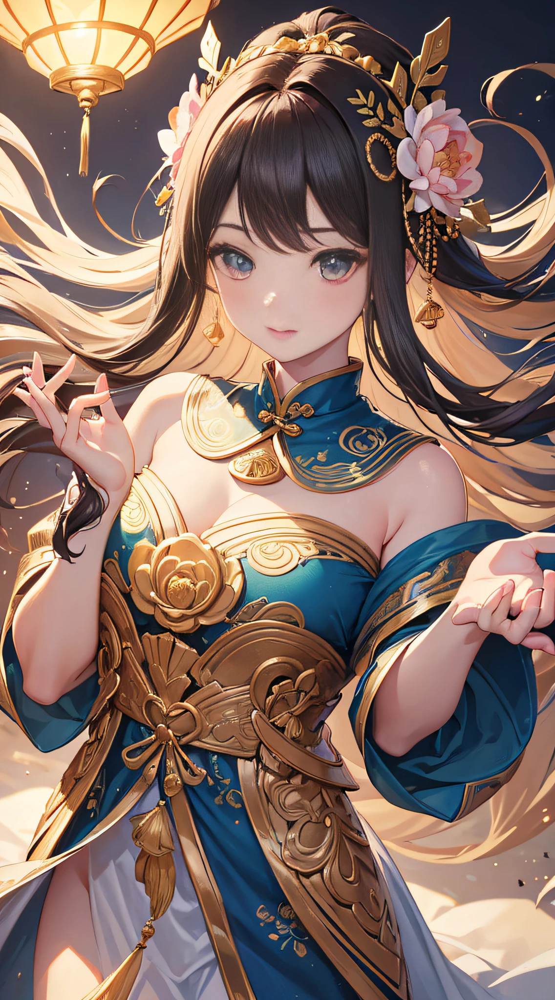 (Best quality at best,4K,A high resolution,tmasterpiece:1.2),ultra - detailed,actual,realisticlying:1.37
,Ancient Chinese wind goddess,painterly illustrations,EtherealBeauty,traditional garb,white complexion,long and flowing hair,graceful stance,with a calm expression,Fan dance,charming lotus,Gorgeous headdress,Delicately embroidered silk robe,Beautiful gestures,soft and warm lighting,Bright colors and vintage tones