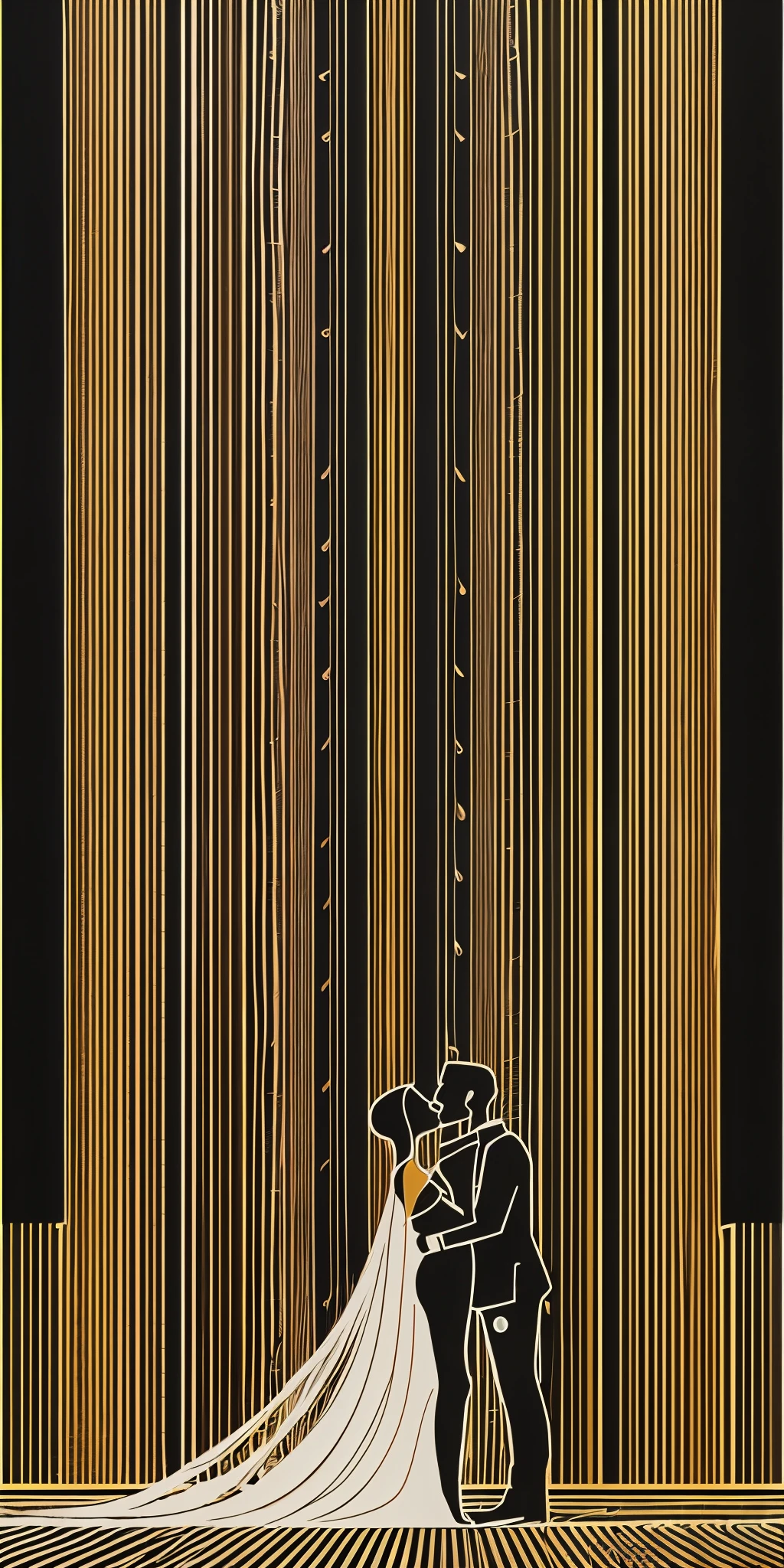 black and white drawing of a kissing couple, three-dimensional geometric abstraction, pinterest top, vertical and horizontal lines, smooth rhythms, laser cutting, intertwined human bodies, golden thread, columns, smooth lines fused together, matteo perez, stylized lines, - signature, artistic digital formations --auto --s2
