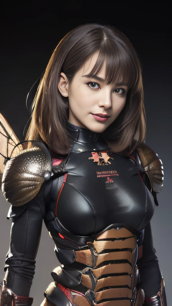 (high resolution,masterpiece,best quality,extremely detailed CG, anime, official art:1.4), realistic, photo, amazing fine details, all intricate, gloss and shiny,awesome many layers, 8k wall paper, 3d, sketch, kawaii, illustration,( solo:1.4), perfect female proportion,villainess, (fusion of dark brown cockroach and lady:1.4), (brown cockroach form lady:1.2), (brown cockroach lady:1.2), (fusion:1.2), (solo:1.4), (evil smile:1.2), muscular, abs, (cockroach brown exoskeleton bio insect suit:1.4), (cockroach brown exoskeleton bio insect armor:1.2), (brown transparency cockroach wing:1.4), (brown cockroach antennae:1.3),