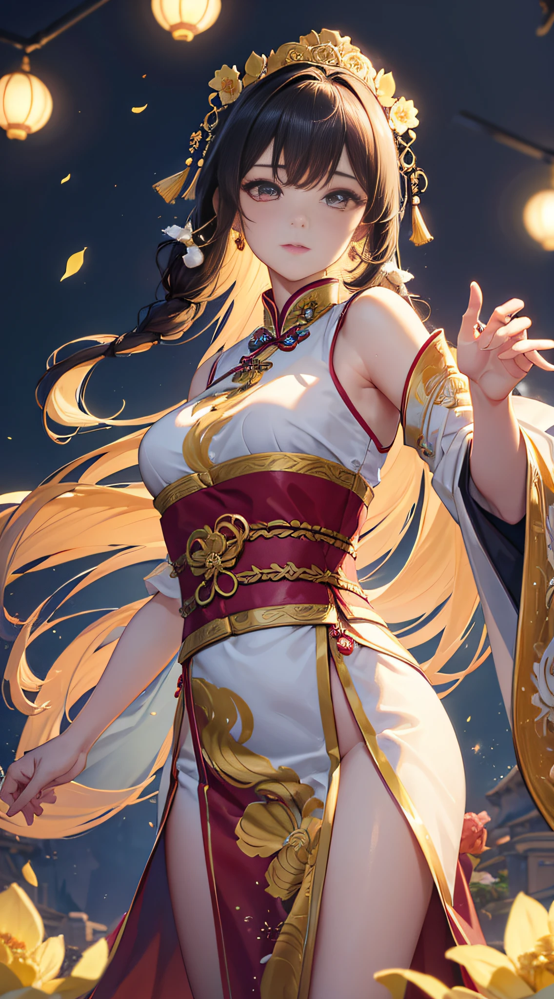 (Best quality at best,4K,A high resolution,tmasterpiece:1.2),ultra - detailed,actual,realisticlying:1.37
,Ancient Chinese wind goddess,painterly illustrations,EtherealBeauty,traditional garb,white complexion,long and flowing hair,graceful stance,with a calm expression,Fan dance,charming lotus,Gorgeous headdress,Delicately embroidered silk robe,Beautiful gestures,soft and warm lighting,Bright colors and vintage tones