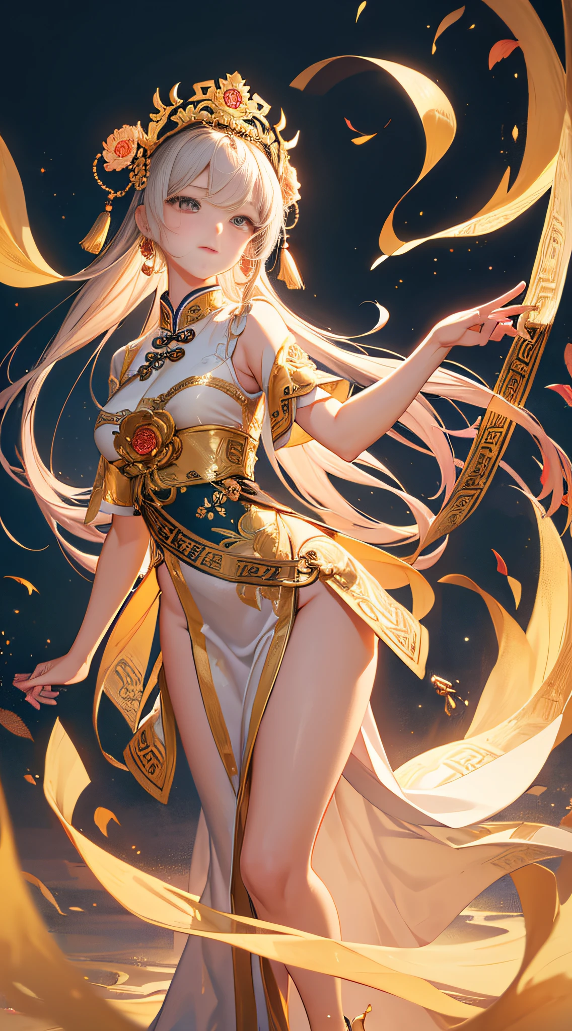 A masterpiece of a Buddhist Guanyin Bodhisattva, white super long hair, flowing long hair, exquisite jewelry, delicate bracelets, exquisite hair accessories, high on the feeling, aperture on the back, bodhisattva, fairy qi fluttering, holding various magic weapons in his hands, golden bracelets on ankles, ancient Chinese costumes, robes, gorgeous silk, flowing tulle, dazzling background, golden aperture on the back, gold Falun on the back, best light, backlit shooting, movie filter, (hands together), (thousand hands Guanyin statue), ultra HD, 8k, fair skin, Wolp_style, duhuang_style, upper body close-up, detailed face, 28 years old, 1girl, fitness marks, slim body, a little muscular, vest line, back curved body, digital illustration art, superlative art painting, (abstract background:1.3), (shiny skin), (many colors:1.4), ,(earrings), ( feathers:1.5) , (Flamethrower:1.3),red background