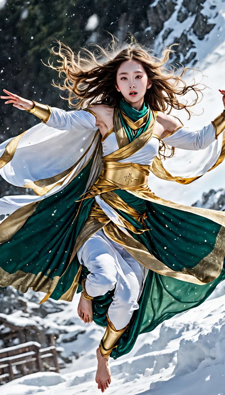 tmasterpiece, Best quality at best, actual, (1 girl: 1.3), blue gold white clothes, Long hair with a shawl, Jumps, leap, dances, green gold white clothes, long  skirt, long scarf, Fluid, Light armor, Snow-whiteskin, exposed bare shoulders, full bodyesbian, (from below:1.5), martial art, dynamics, 火焰, Particle