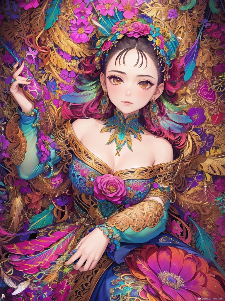 (masterpiece, top quality, best quality, official art, beautiful and aesthetic:1.2), (1girl:1.3), extremely detailed,(fractal art:1.1),(colorful:1.1)(flowers:1.3),highest detailed,(zentangle:1.2), (dynamic pose), (abstract background:1.3), (shiny skin), (many colors:1.4), ,(earrings:1.4), (feathers:1.4)