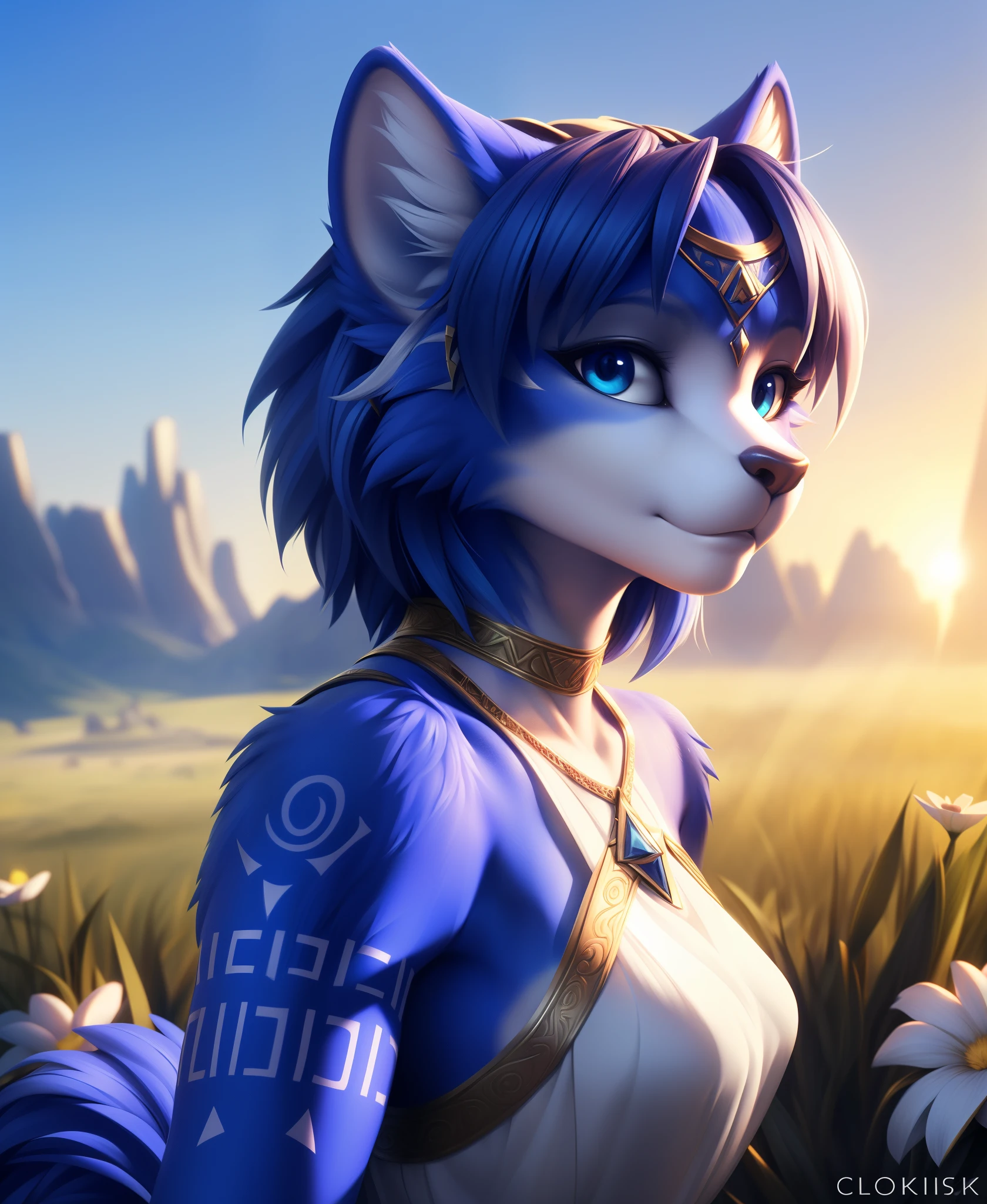 (by Frevilisk, by John Doe \(artist\), by Clockbirds, by Fumiko),
solo female chibi (((krystal))), (golden wristband, white dress:1.25),
(three-quarter view, three-quarter portrait, looking at viewer:1.25),
(grassland, legend of zelda:1.3), (, sunny day, sky, plant, white flower, light beam),
BREAK,
(detailed background, depth of field, shadow, sunlight, ambient light on the body, backlighting), masterpiece, best quality, ultra realistic, 4k, 2k, (high detail:1.15),
(3d \(artwork\):1.2), blender \(software\), soft focus,
ray tracing, (unreal engine:1.3), absurd res